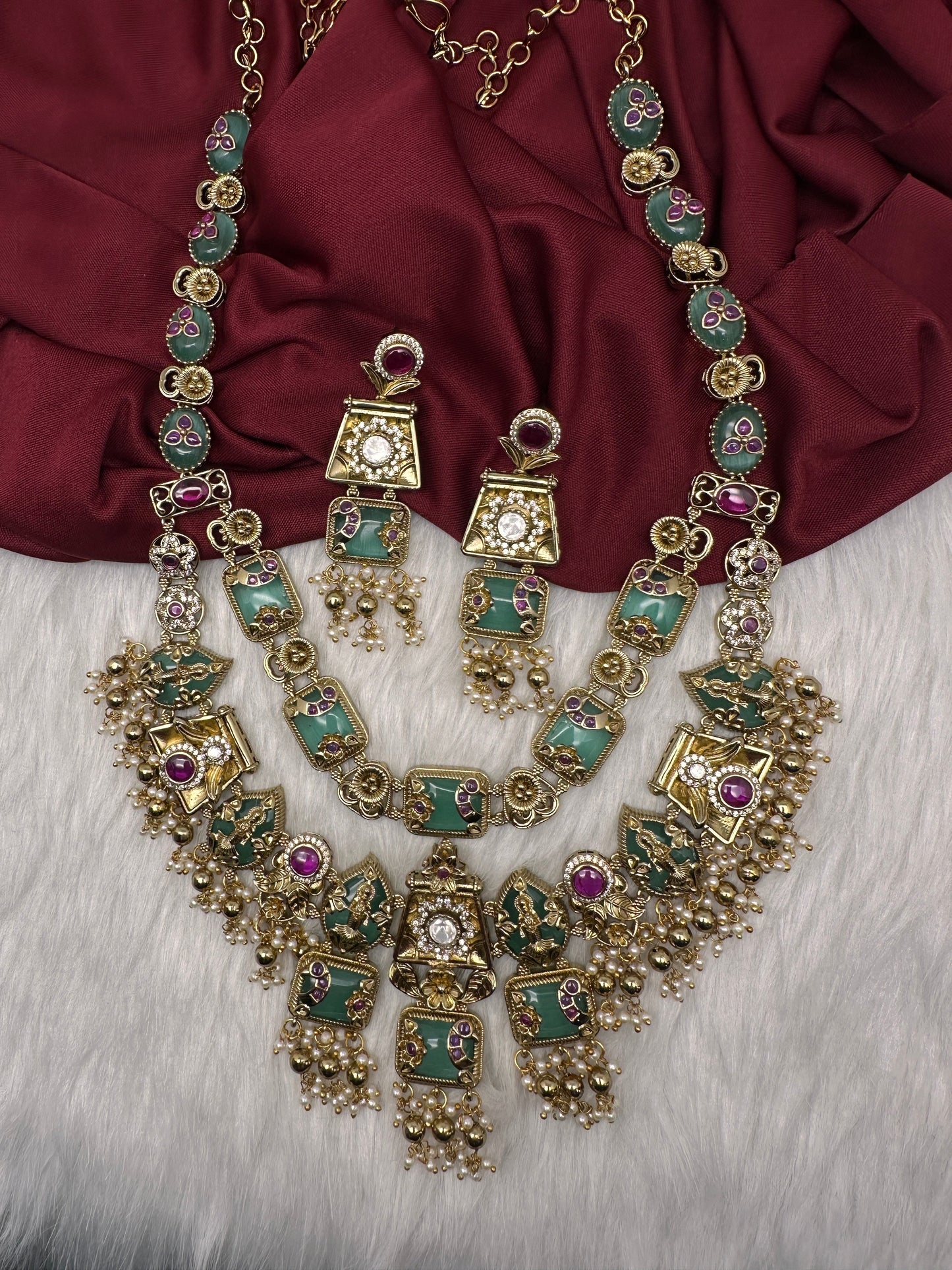 Rajwadi Double Layer Doublet Color Stone Necklace - MintGreen