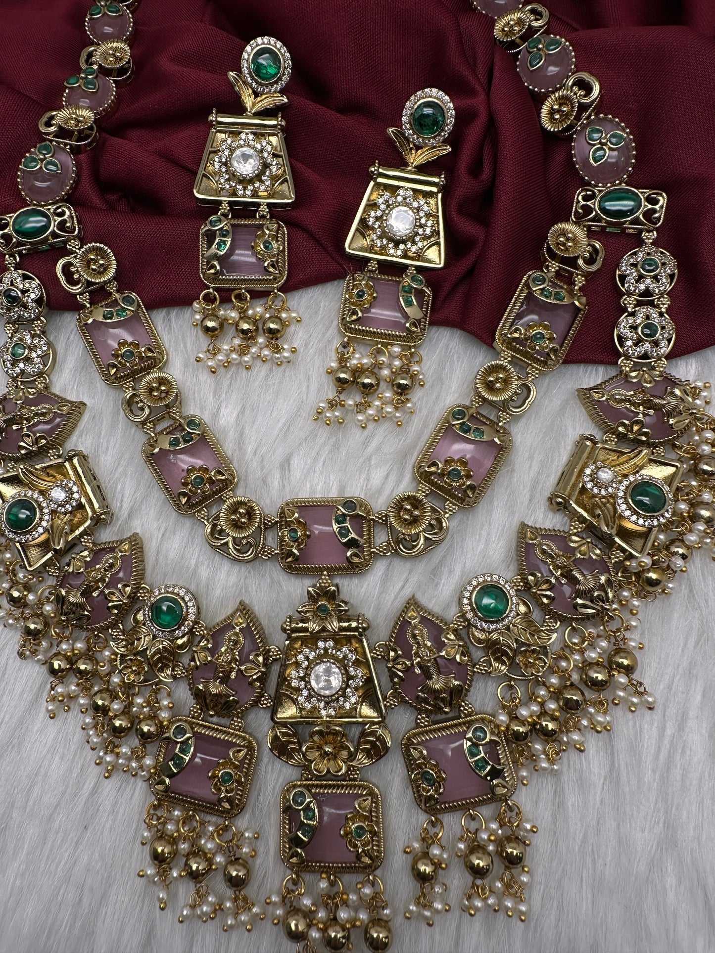 Rajwadi Double Layer Doublet Color Stone Necklace - Pink