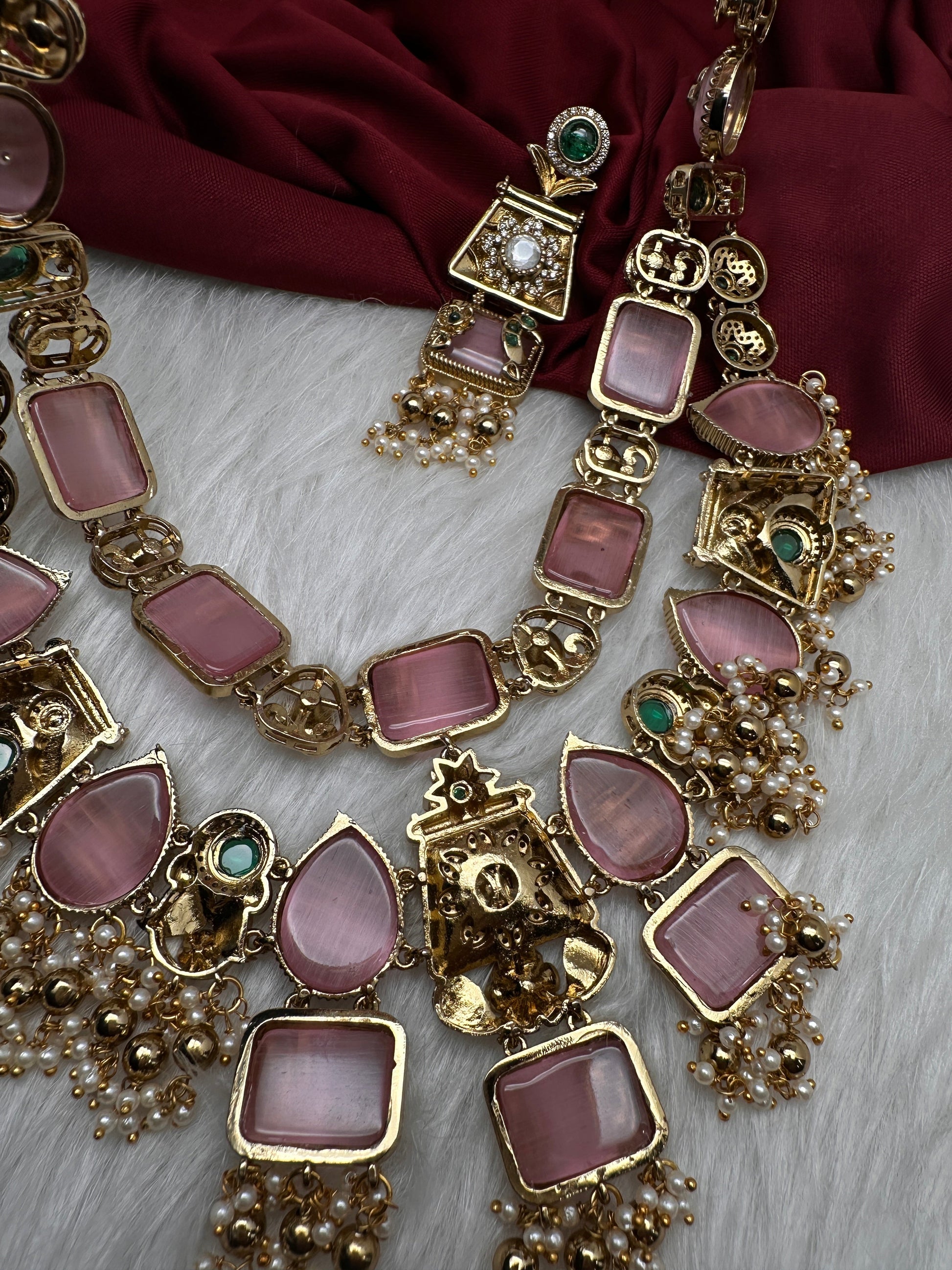 Rajwadi Double Layer Doublet Color Stone Necklace - Pink