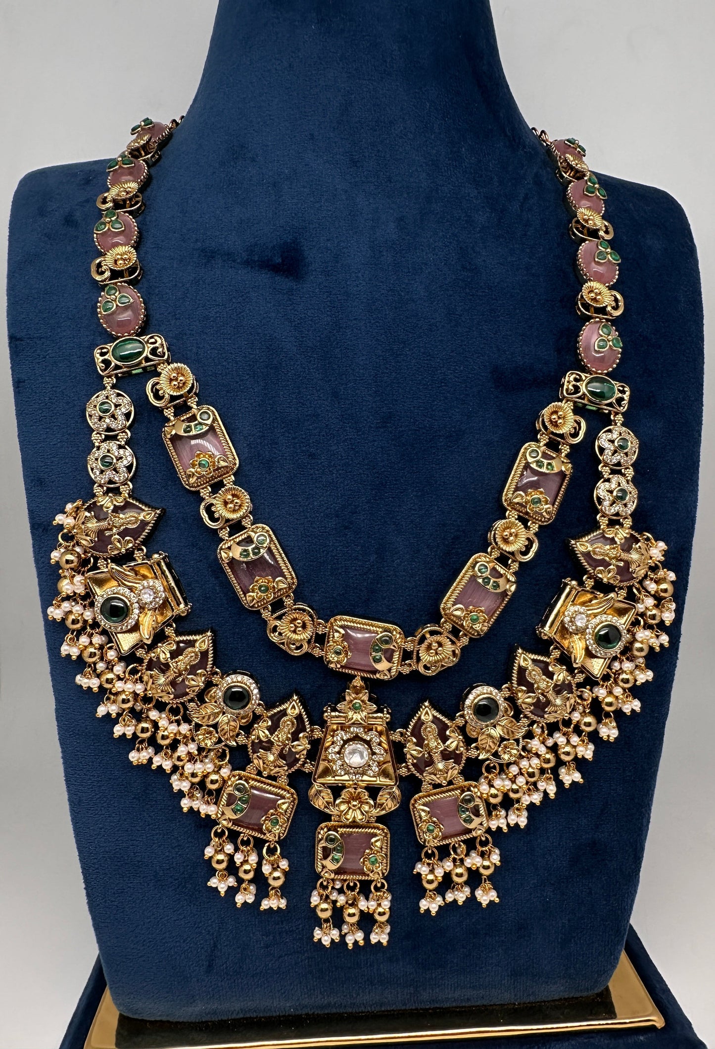 Rajwadi Double Layer Doublet Color Stone Necklace - Pink