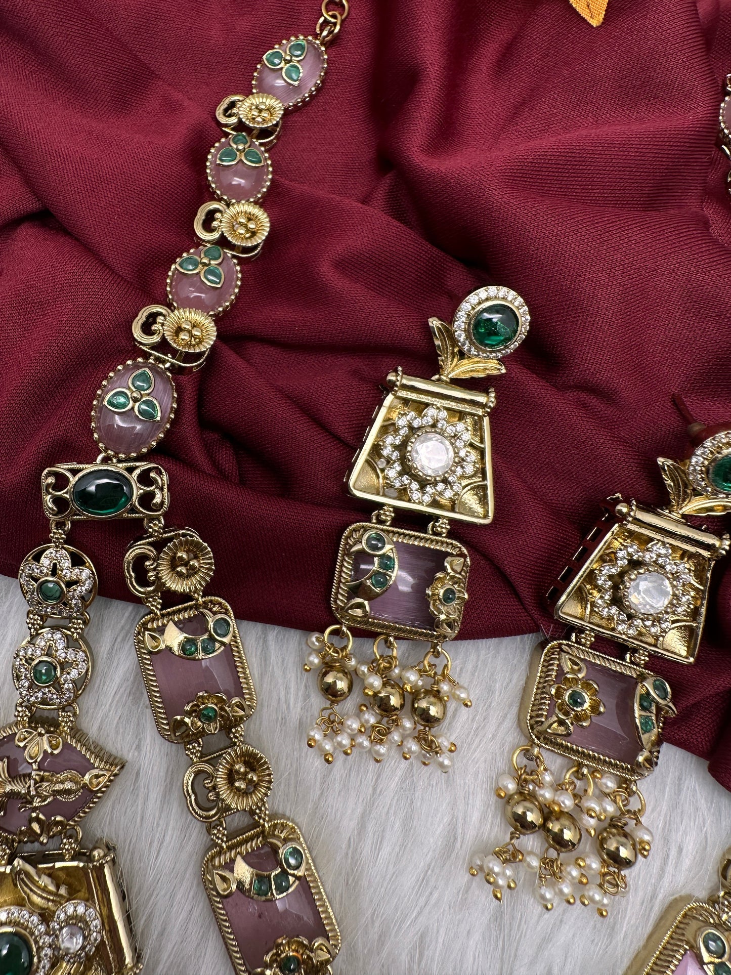 Rajwadi Double Layer Doublet Color Stone Necklace - Pink