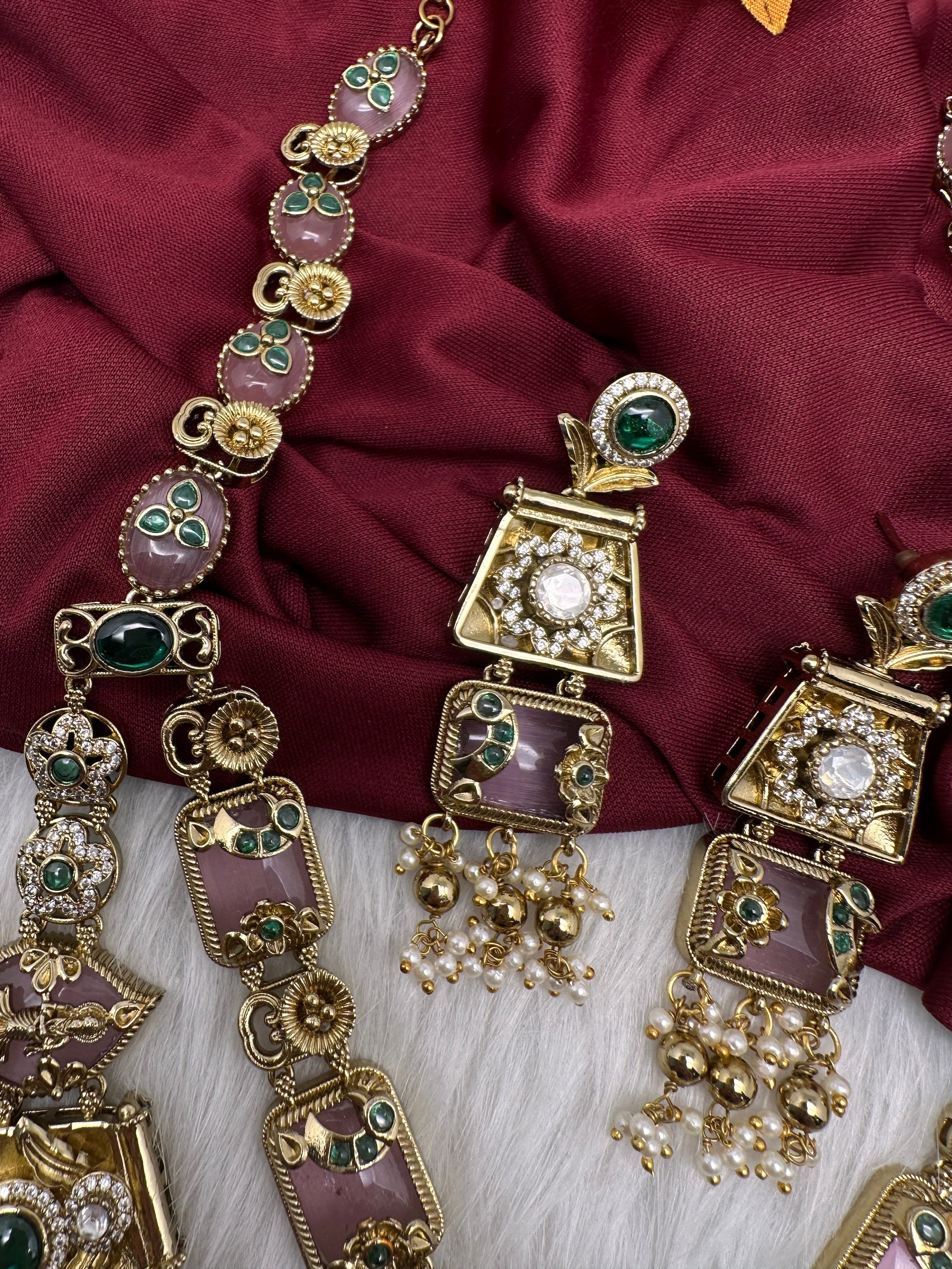 Rajwadi Double Layer Doublet Color Stone Necklace - Pink