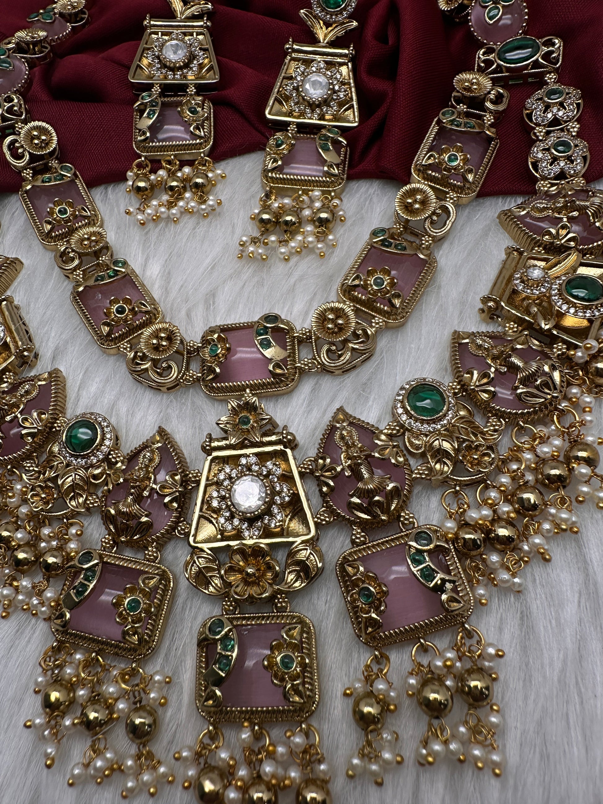 Rajwadi Double Layer Doublet Color Stone Necklace - Pink