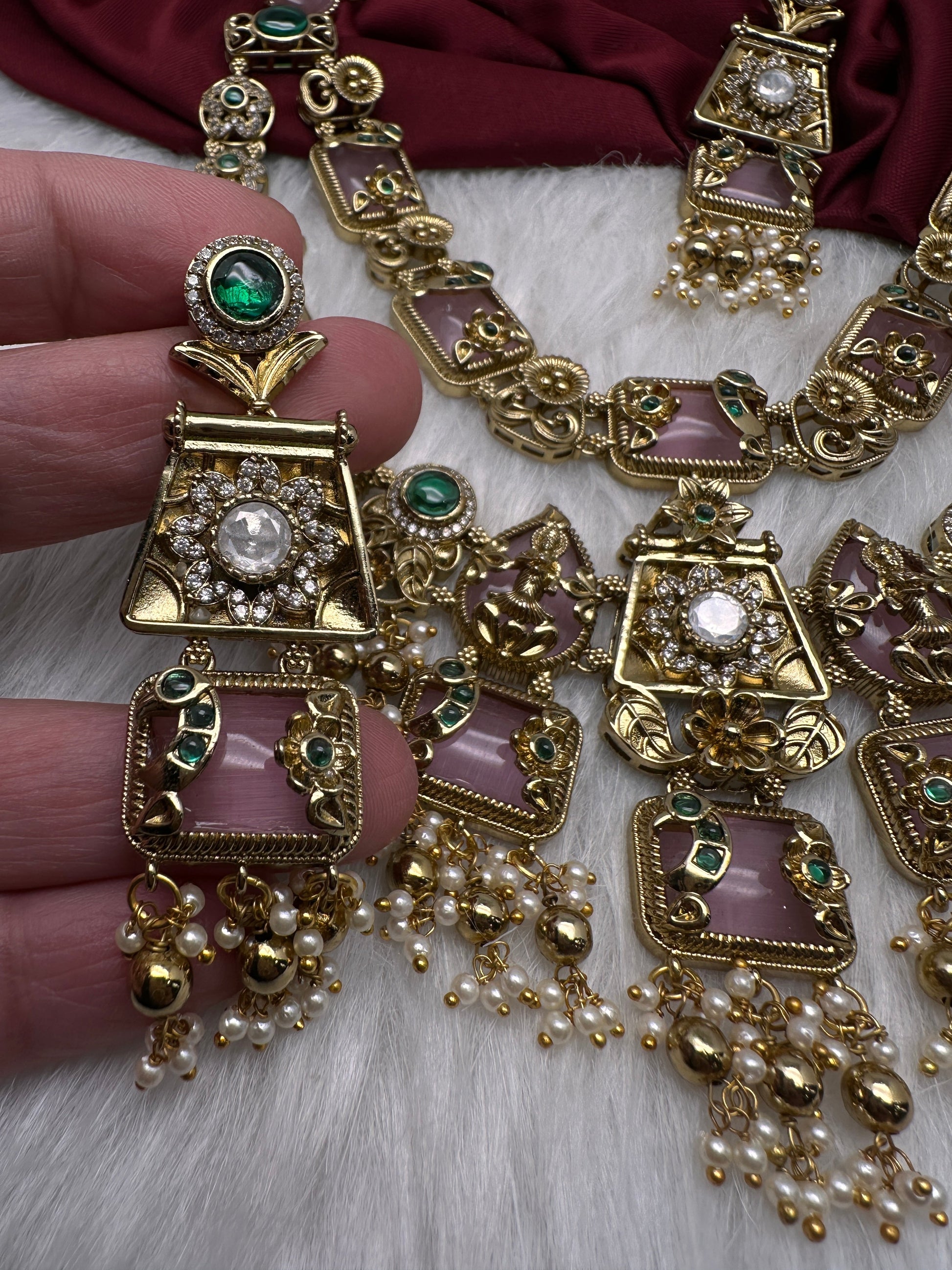 Rajwadi Double Layer Doublet Color Stone Necklace - Pink