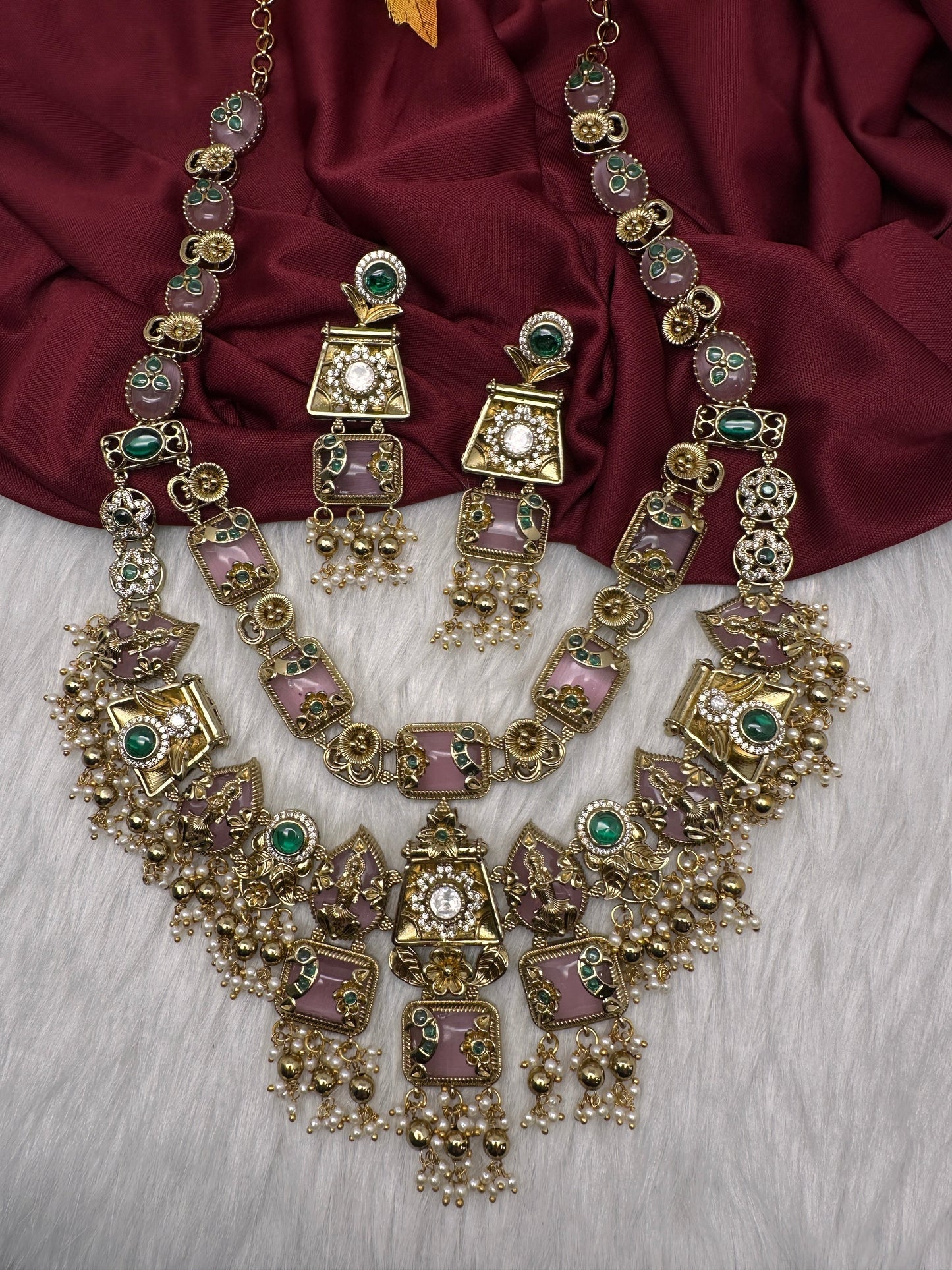 Rajwadi Double Layer Doublet Color Stone Necklace - Pink