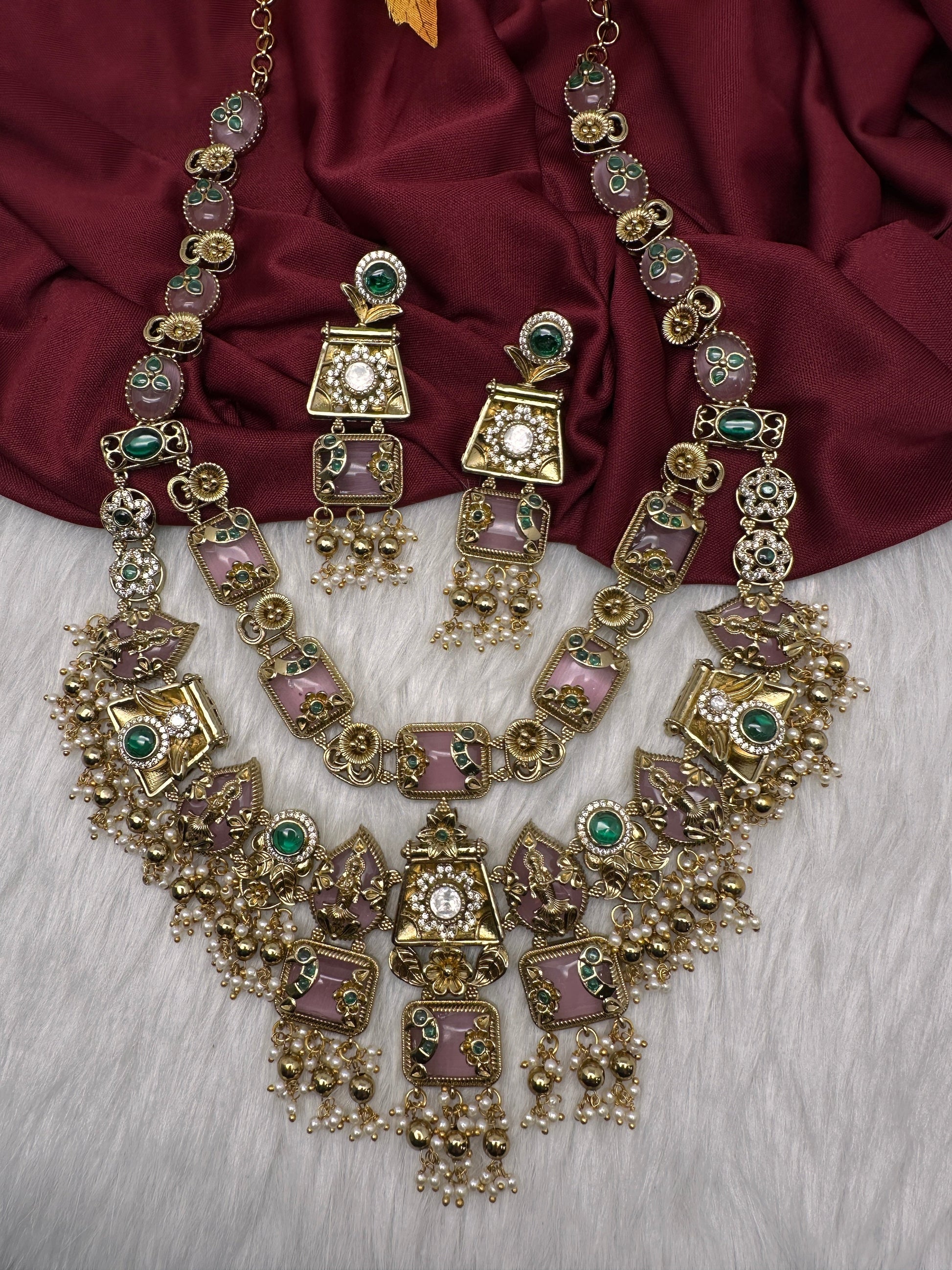 Rajwadi Double Layer Doublet Color Stone Necklace - Pink