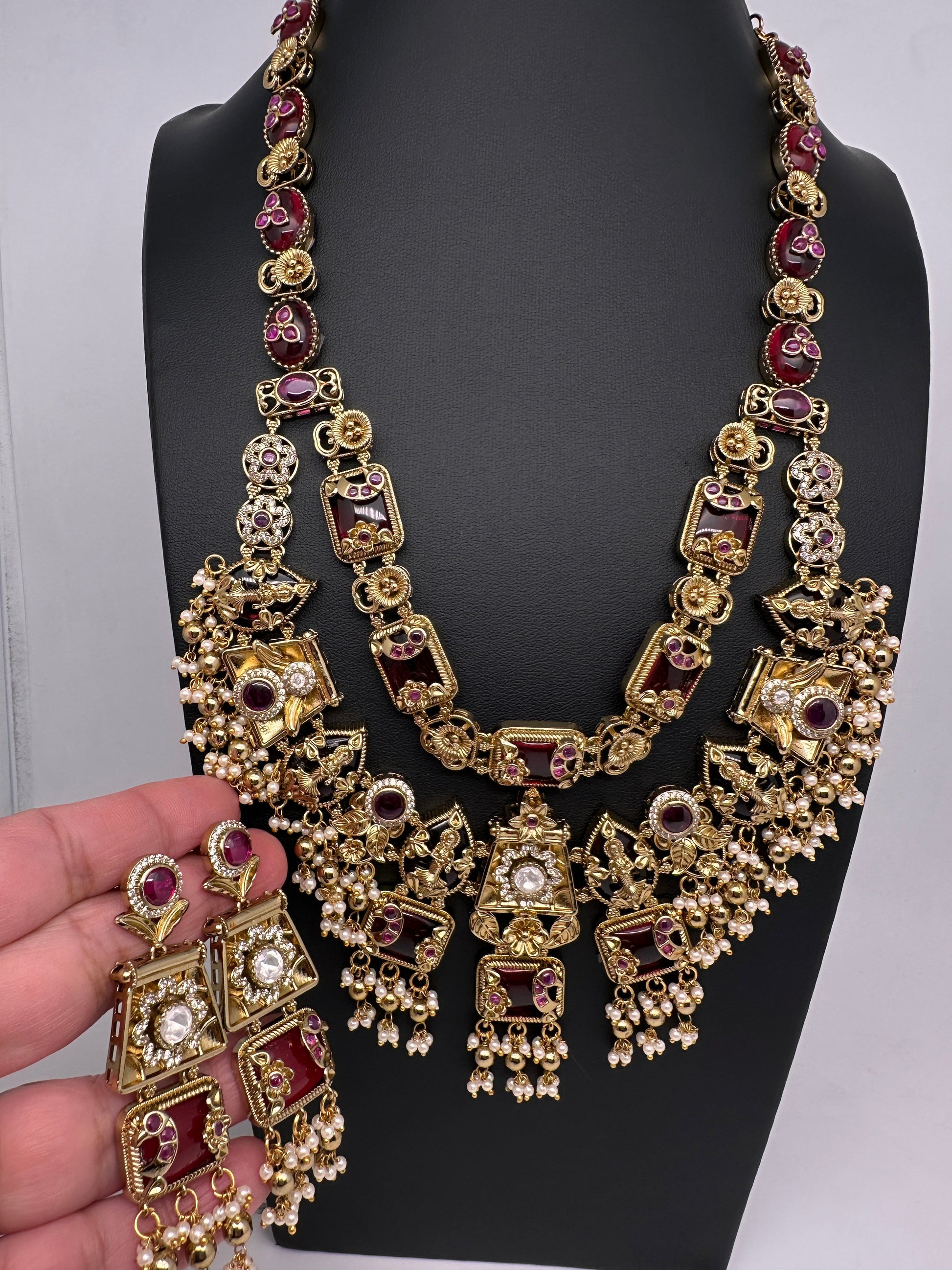 Rajwadi Double Layer Doublet Color Stone Necklace - Red