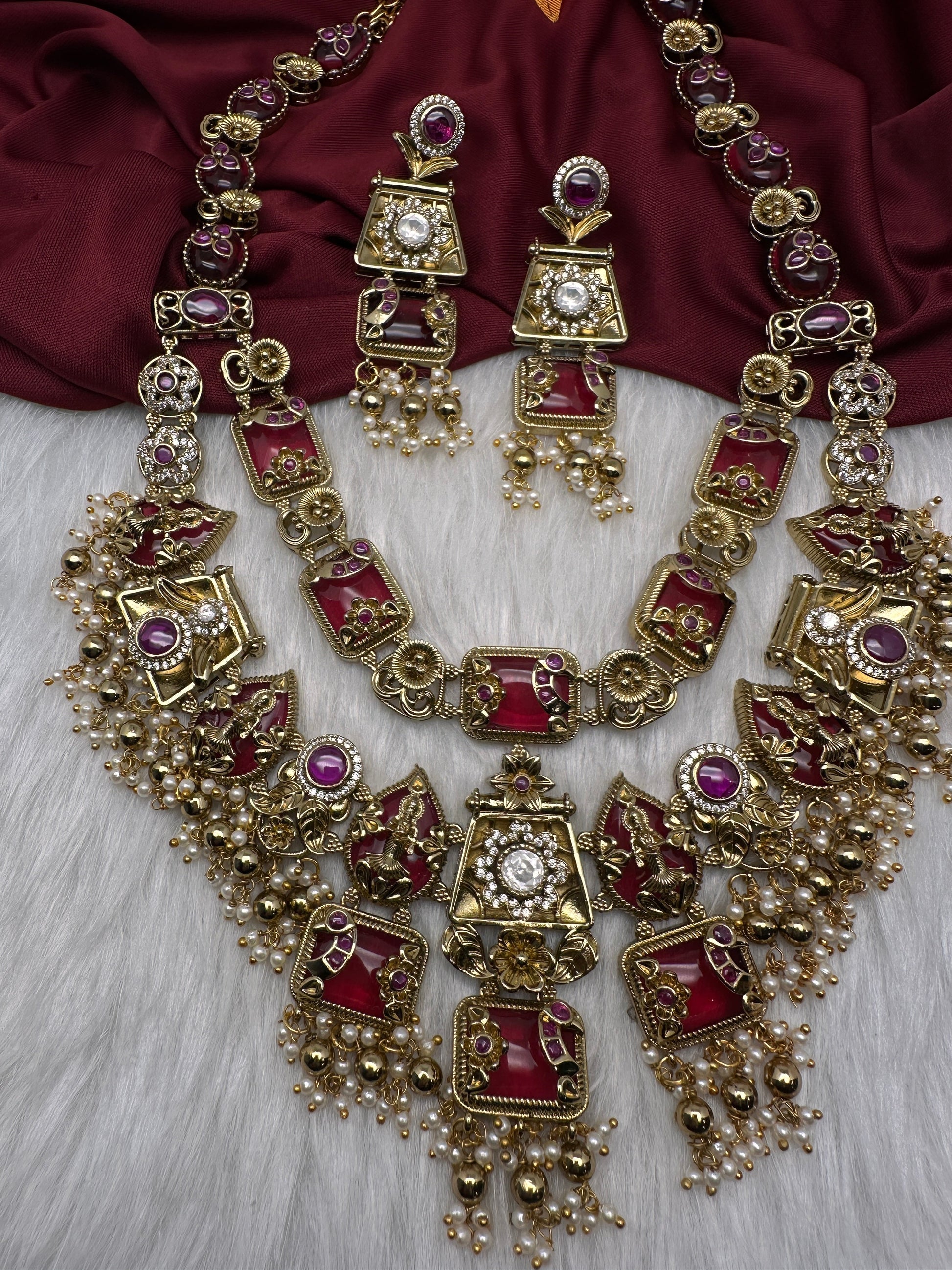 Rajwadi Double Layer Doublet Color Stone Necklace - Red