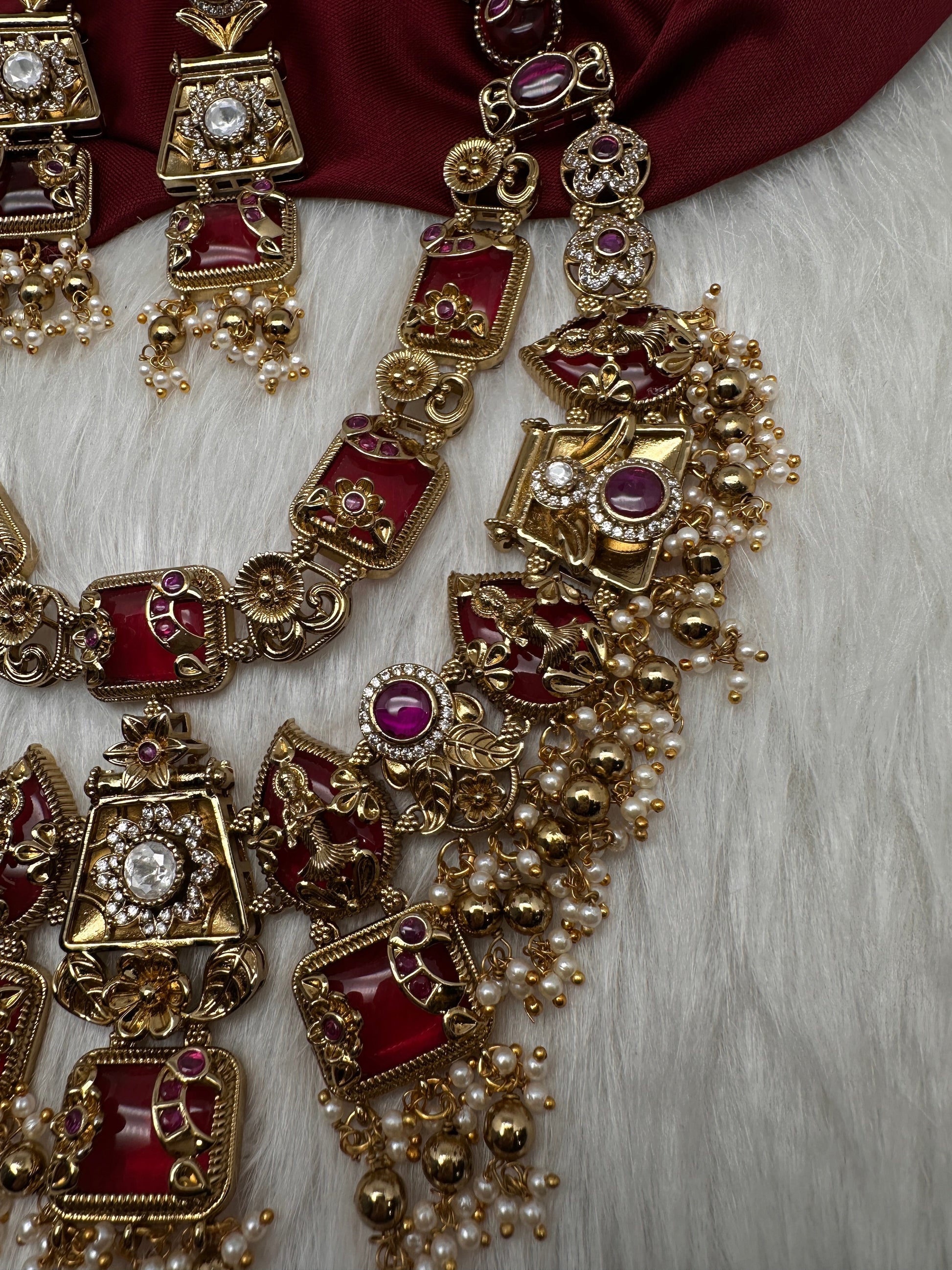 Rajwadi Double Layer Doublet Color Stone Necklace - Red