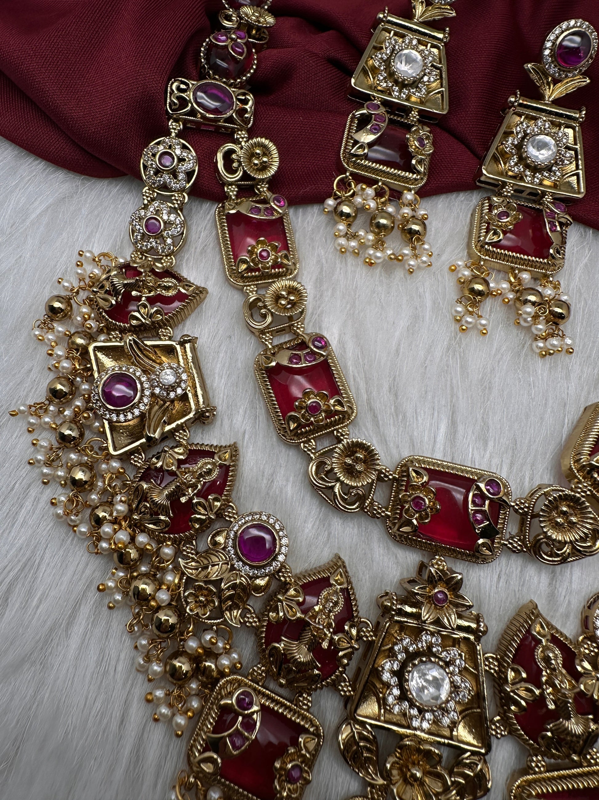 Rajwadi Double Layer Doublet Color Stone Necklace - Red