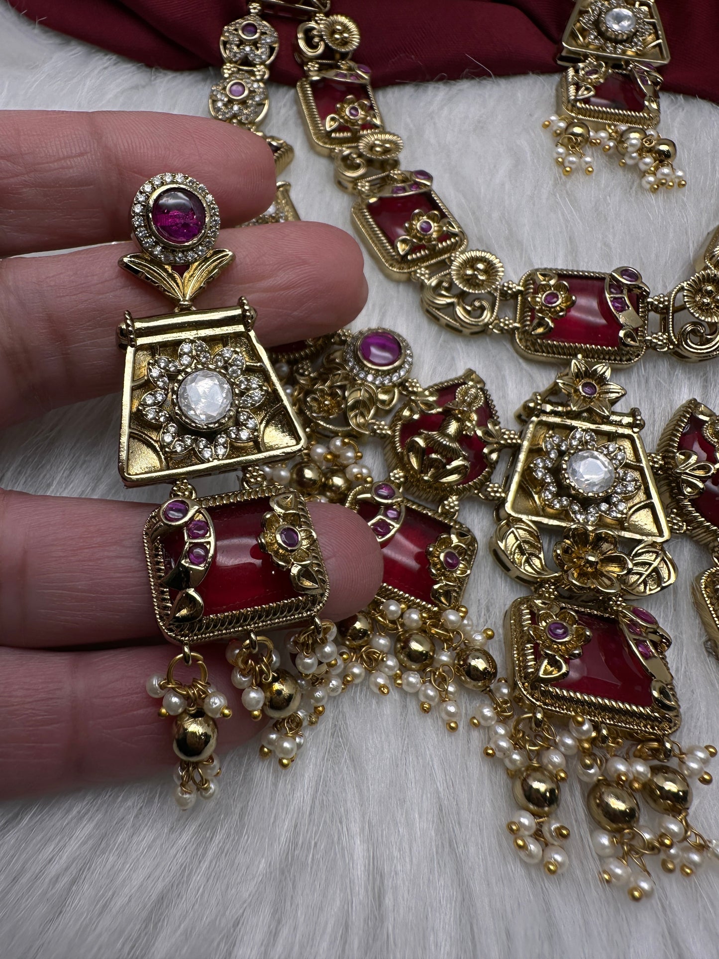 Rajwadi Double Layer Doublet Color Stone Necklace - Red