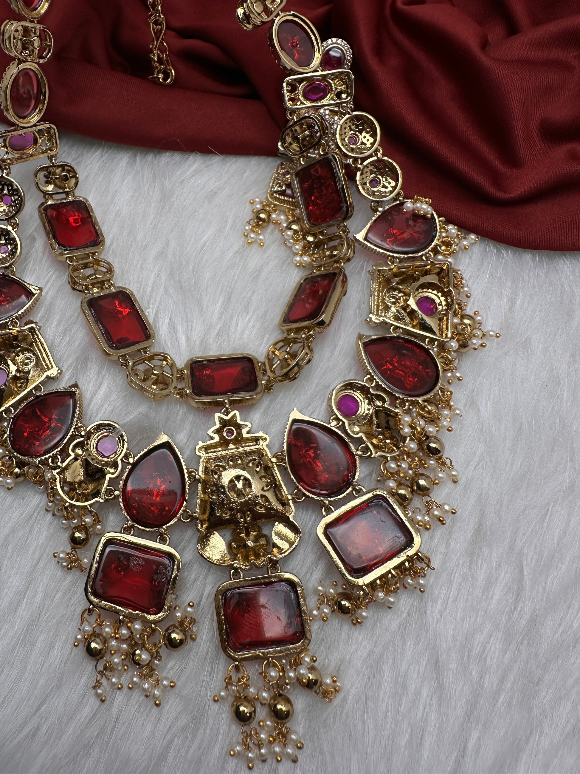 Rajwadi Double Layer Doublet Color Stone Necklace - Red