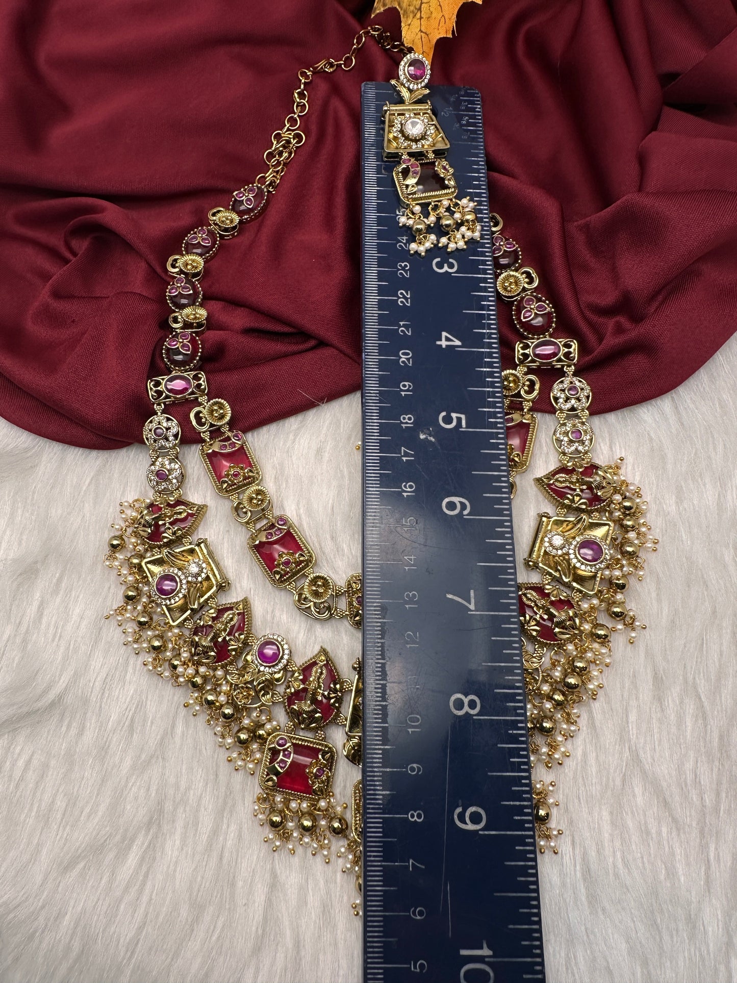 Rajwadi Double Layer Doublet Color Stone Necklace - Red