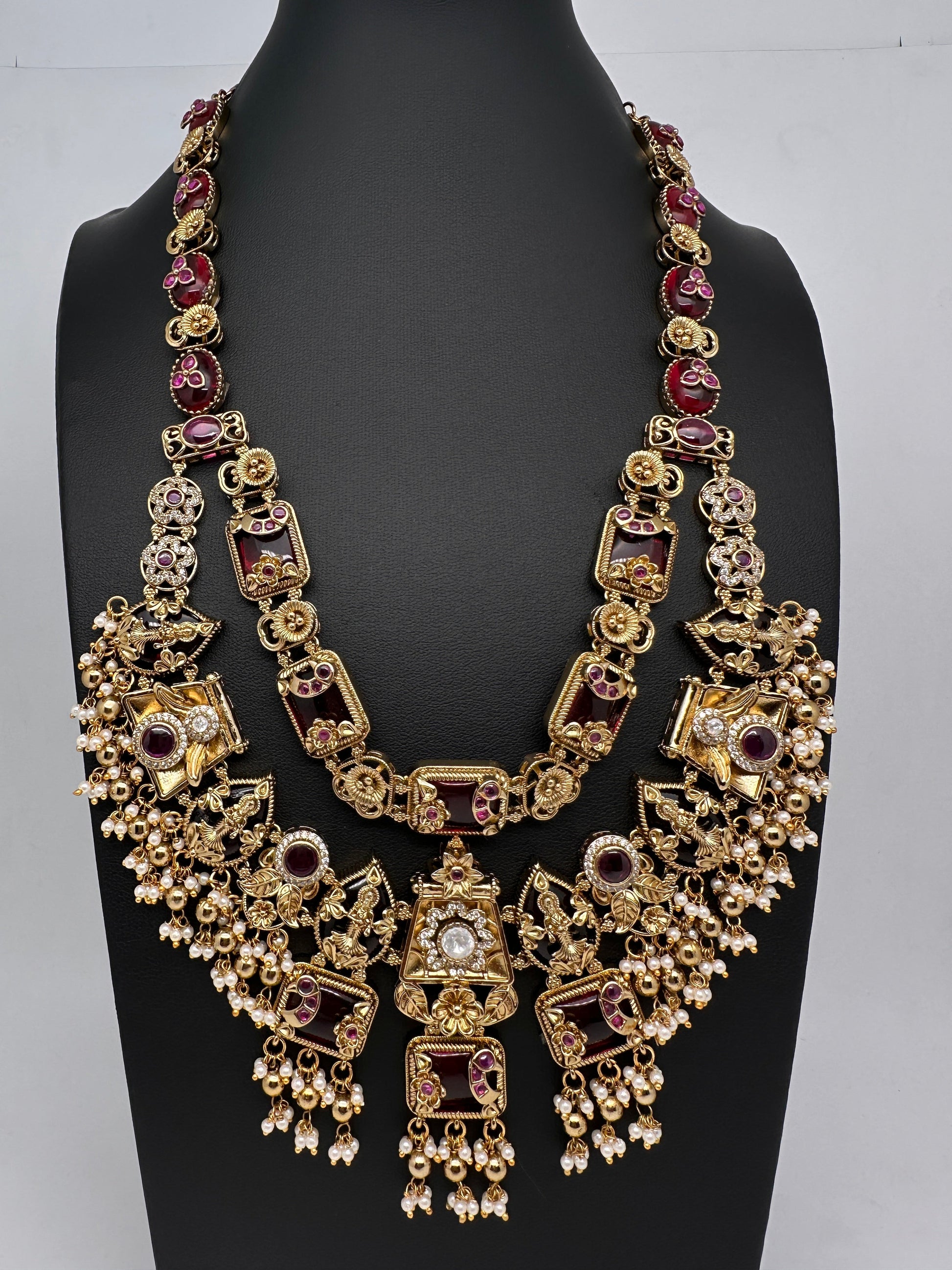 Rajwadi Double Layer Doublet Color Stone Necklace - Red