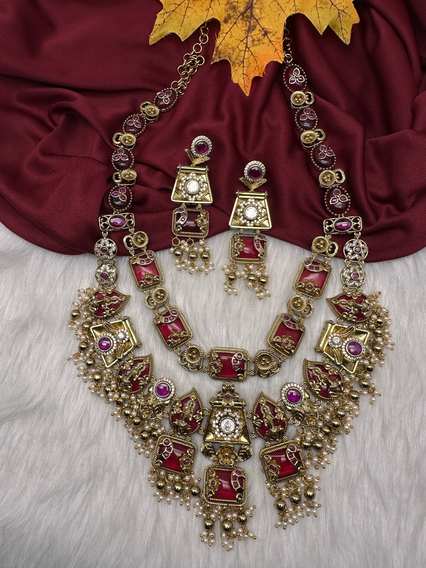 Rajwadi Double Layer Doublet Color Stone Necklace - Red