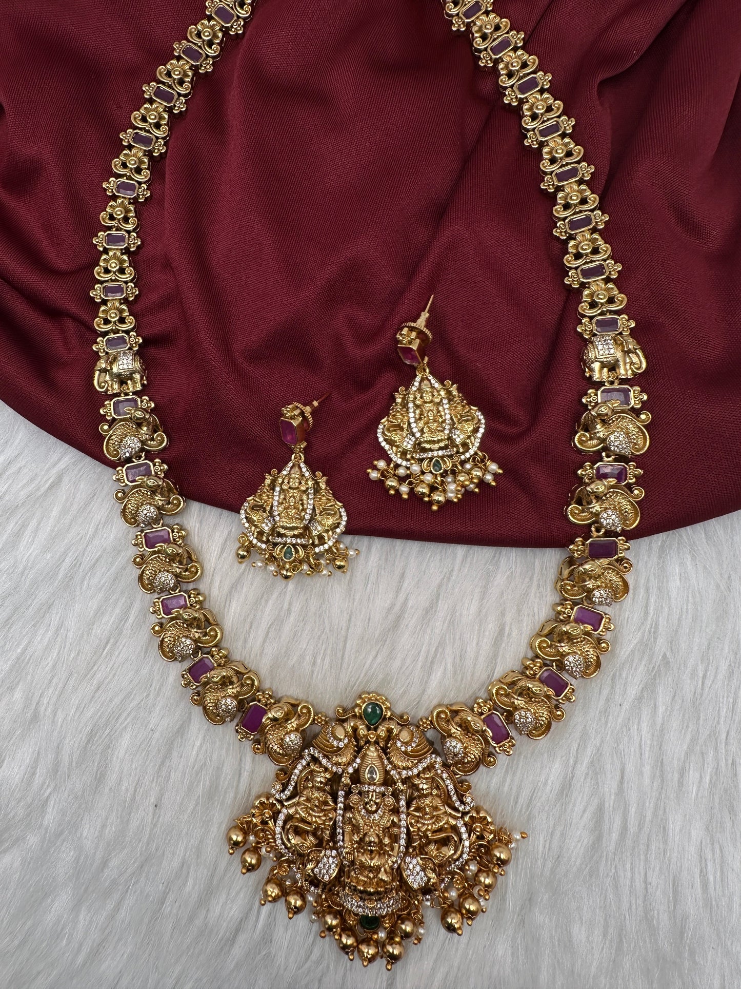 Kempu Lord Balaji Lakshmi Ji Long Matte Necklace