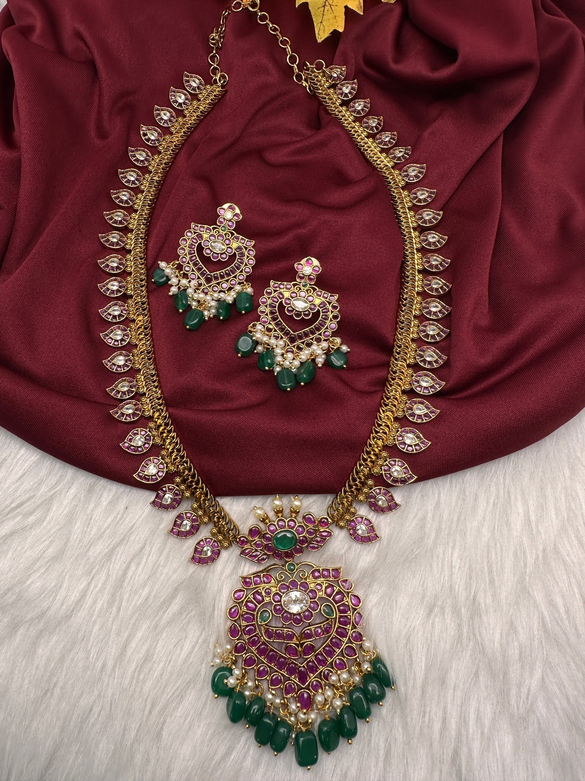 Kempu Mango CZ Long Matte Antique Necklace