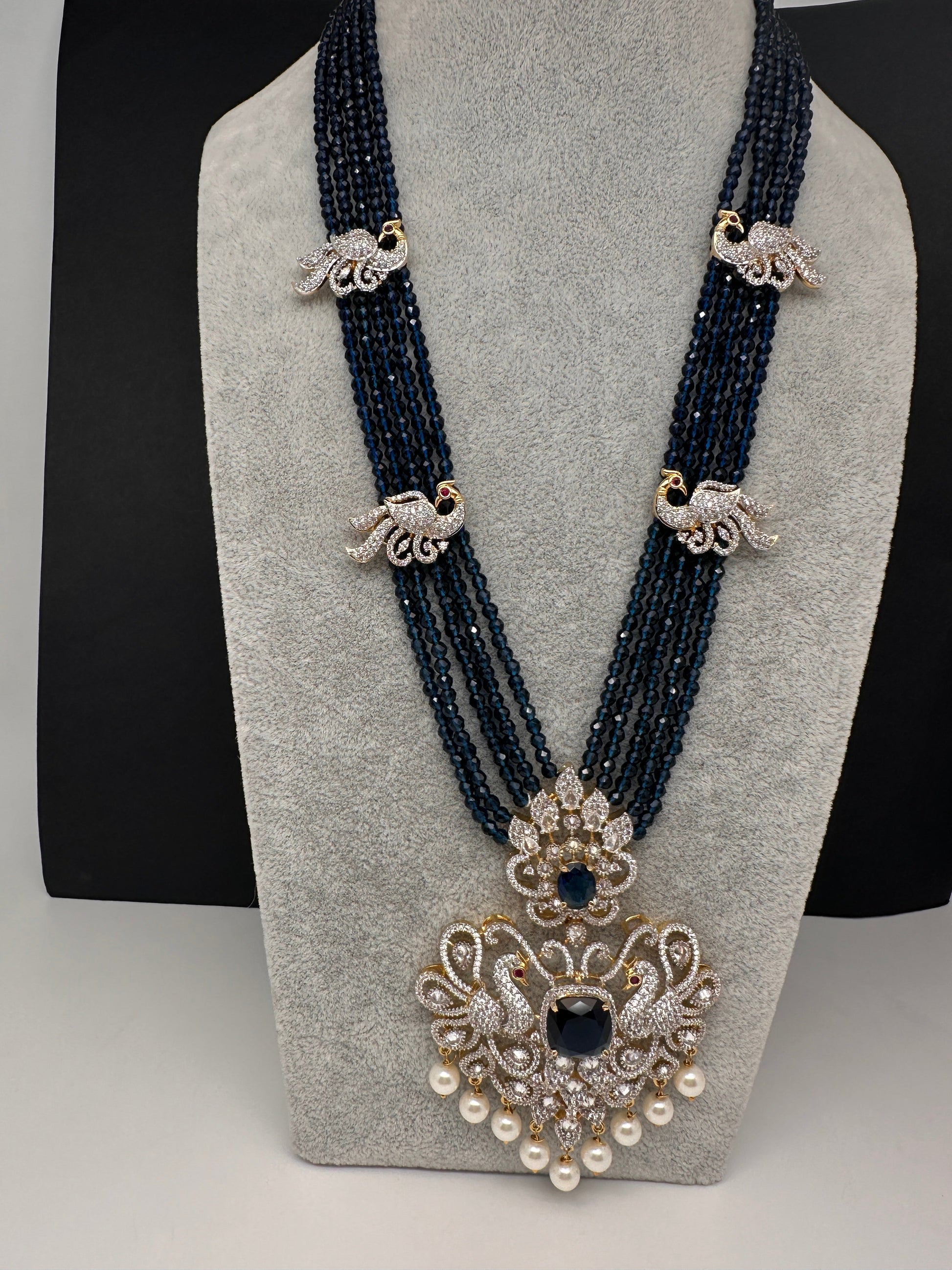 CZ Beads Long Color Stone Peacock Necklace - Blue
