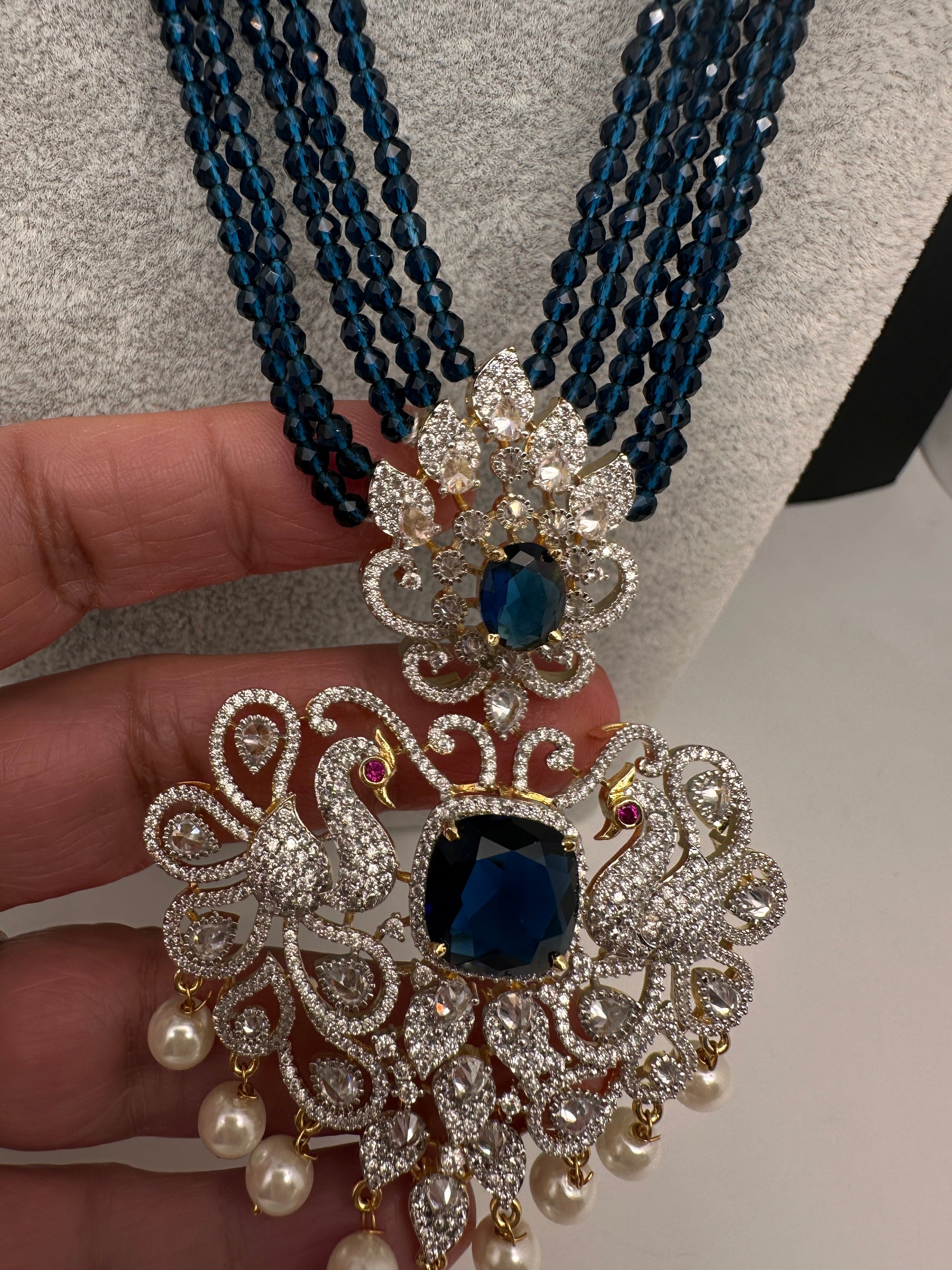 CZ Beads Long Color Stone Peacock Necklace - Blue