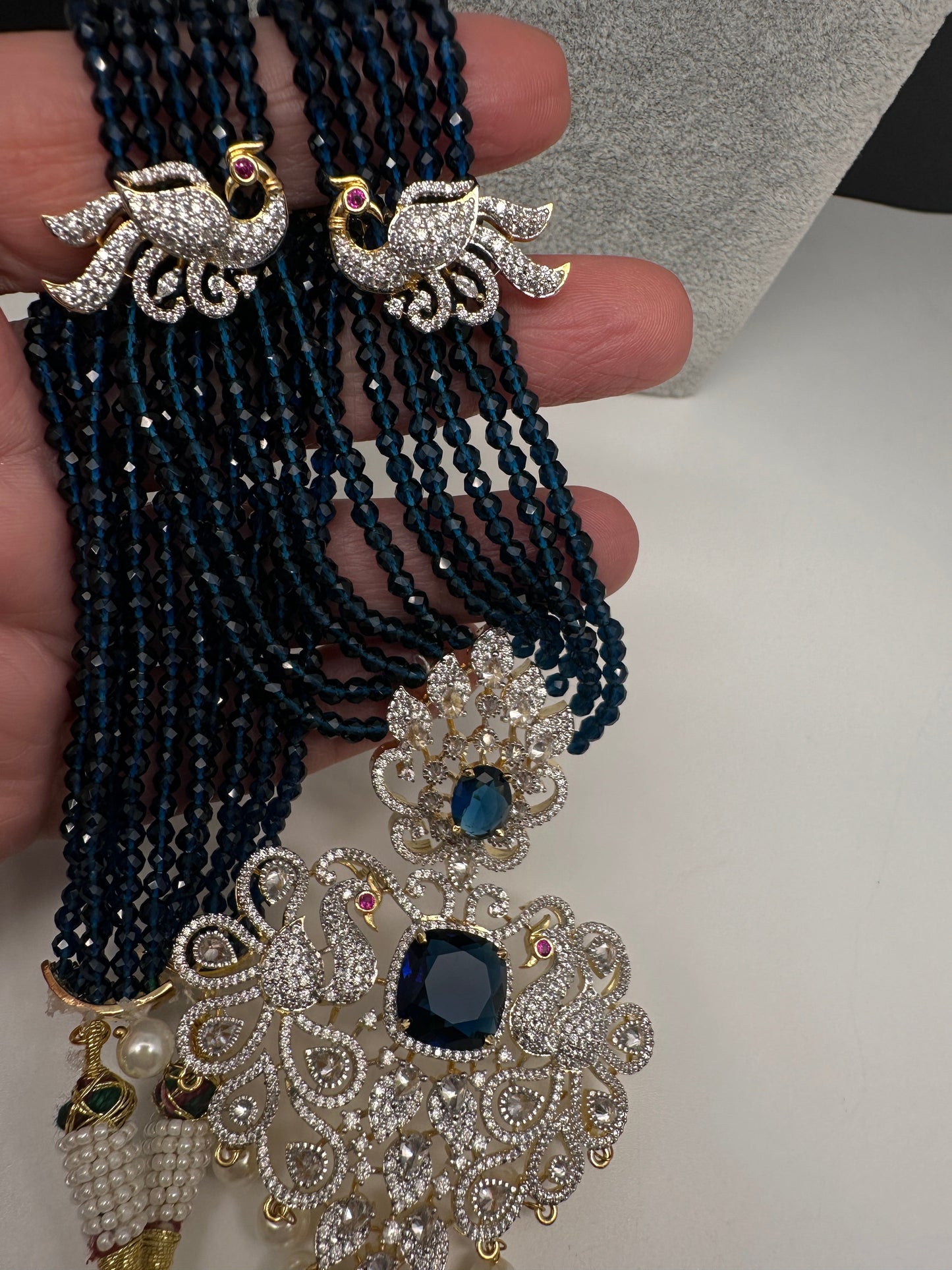 CZ Beads Long Color Stone Peacock Necklace - Blue