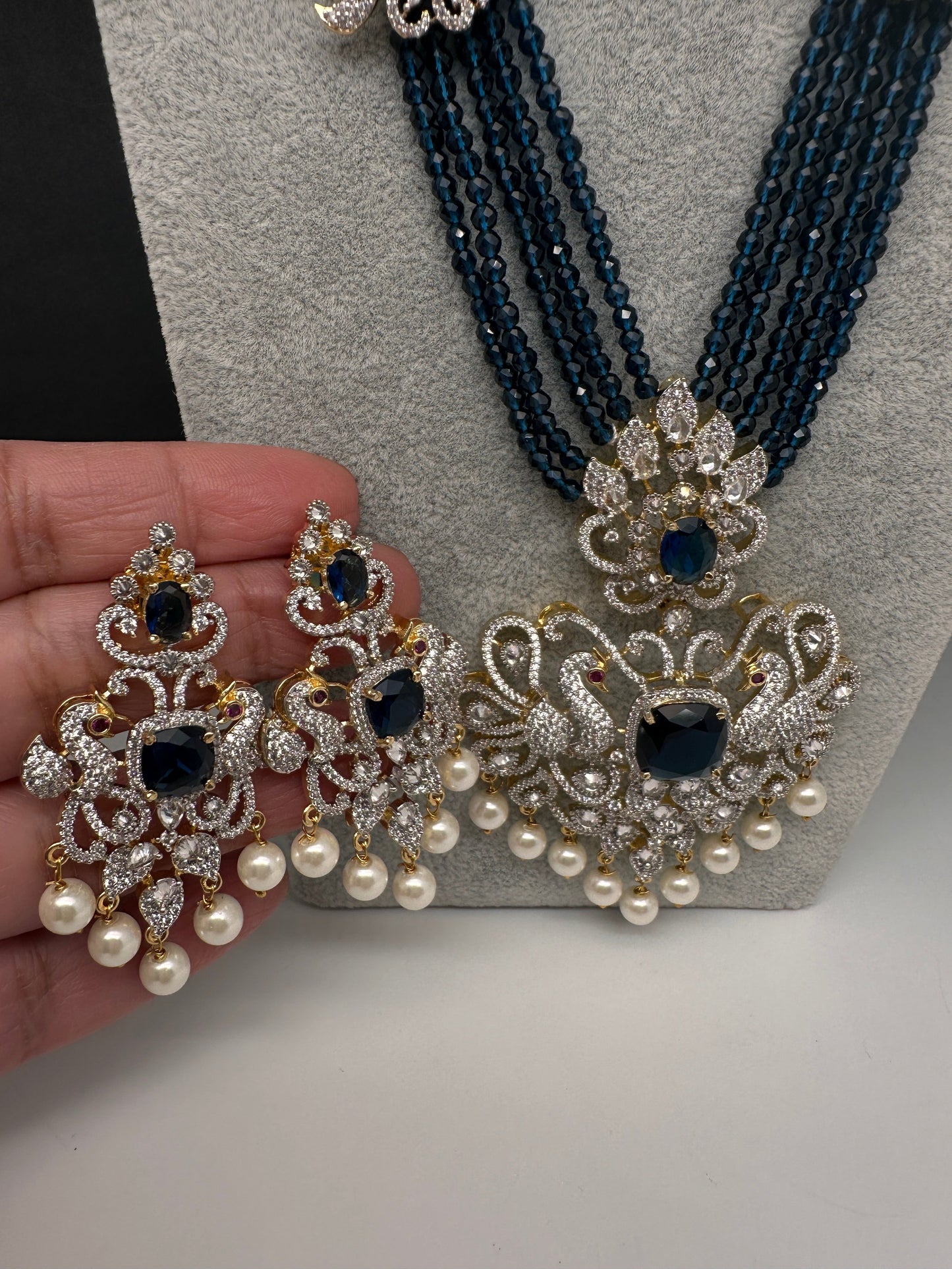 CZ Beads Long Color Stone Peacock Necklace - Blue