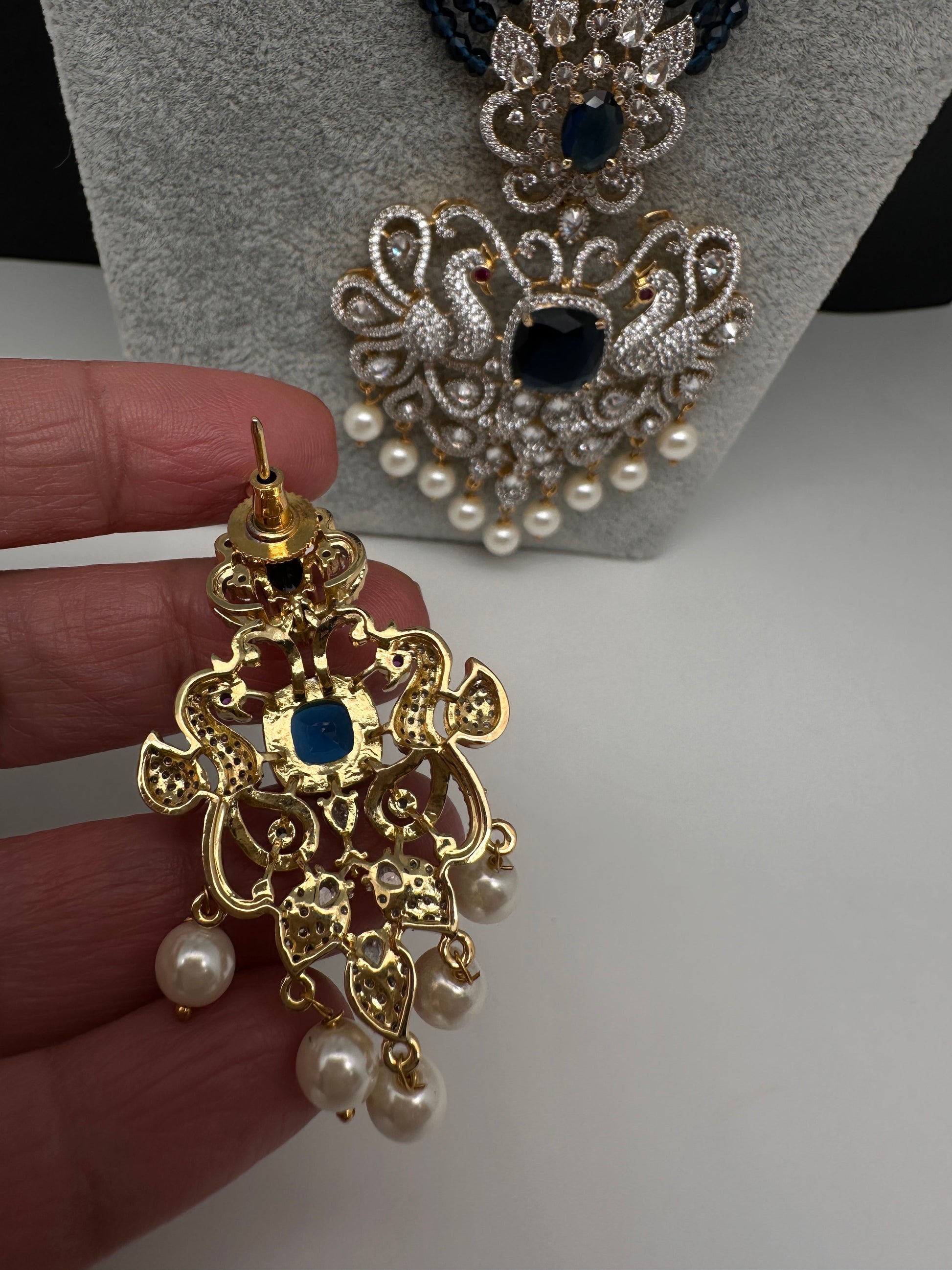 CZ Beads Long Color Stone Peacock Necklace - Blue