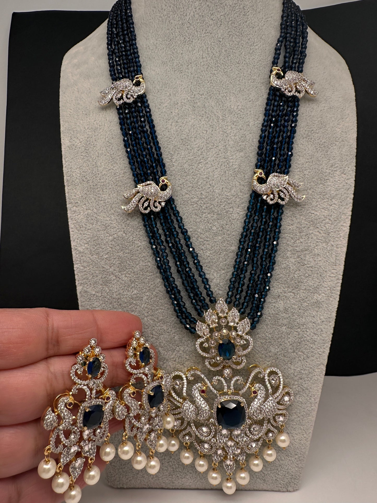 CZ Beads Long Color Stone Peacock Necklace - Blue