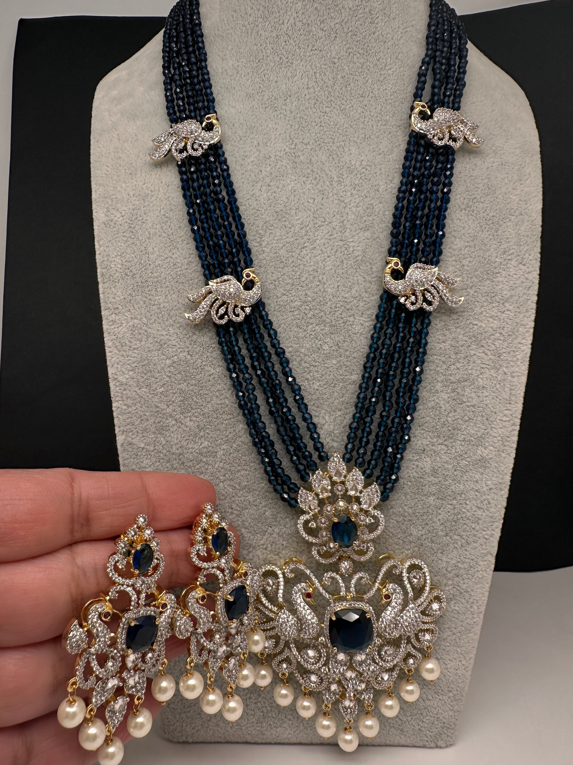 CZ Beads Long Color Stone Peacock Necklace - Blue