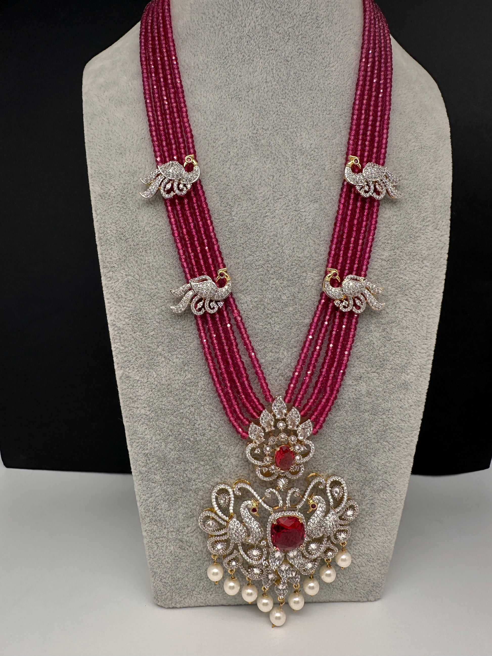 CZ Beads Long Color Stone Peacock Necklace - Pink