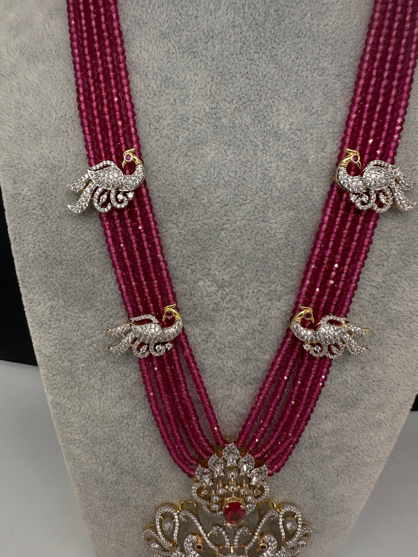 CZ Beads Long Color Stone Peacock Necklace - Pink