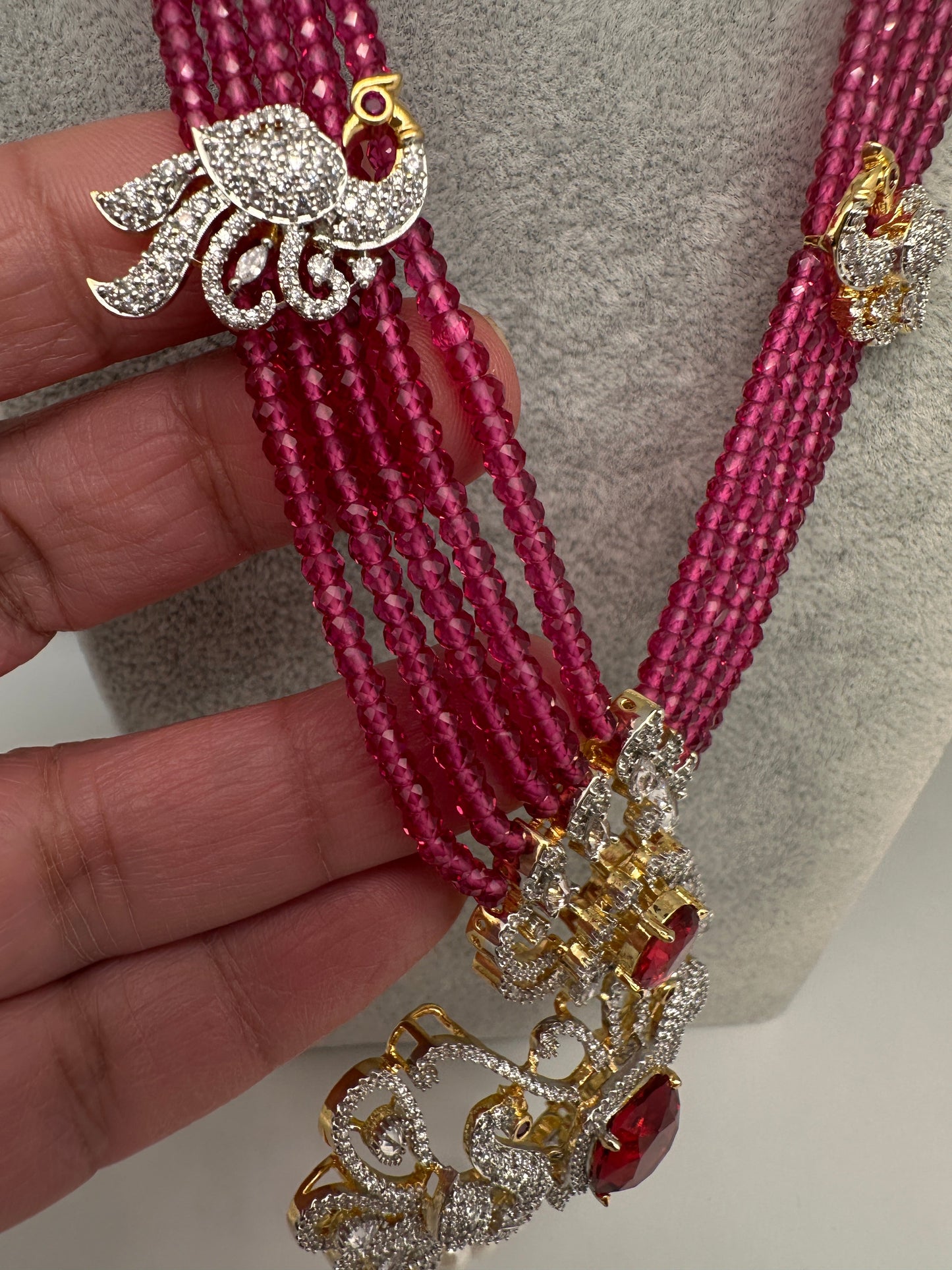 CZ Beads Long Color Stone Peacock Necklace - Pink