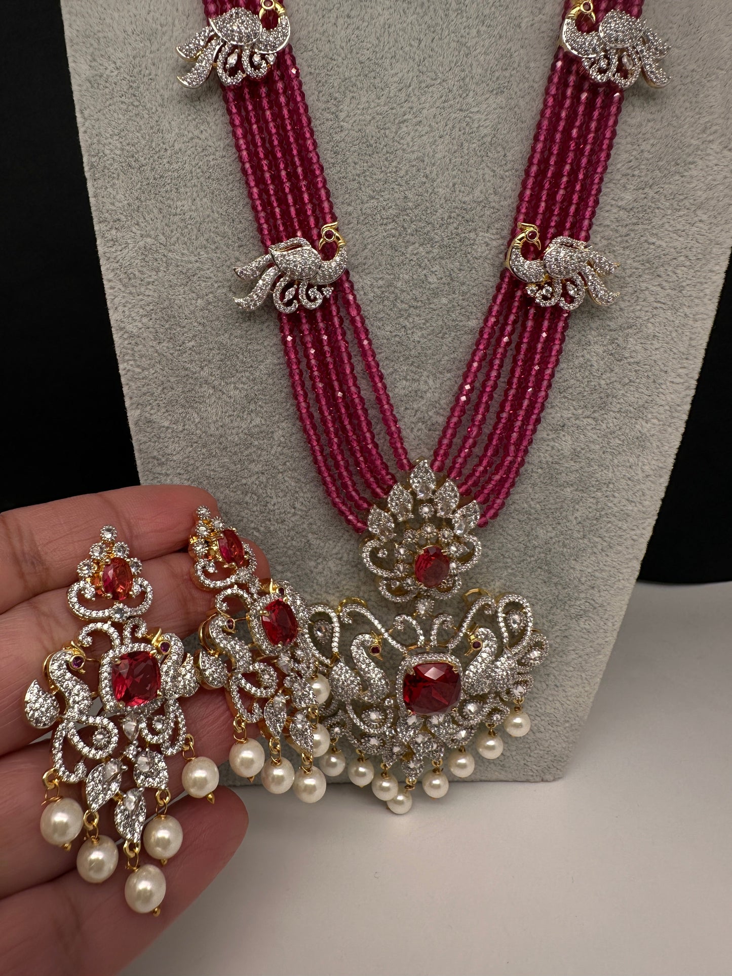 CZ Beads Long Color Stone Peacock Necklace - Pink