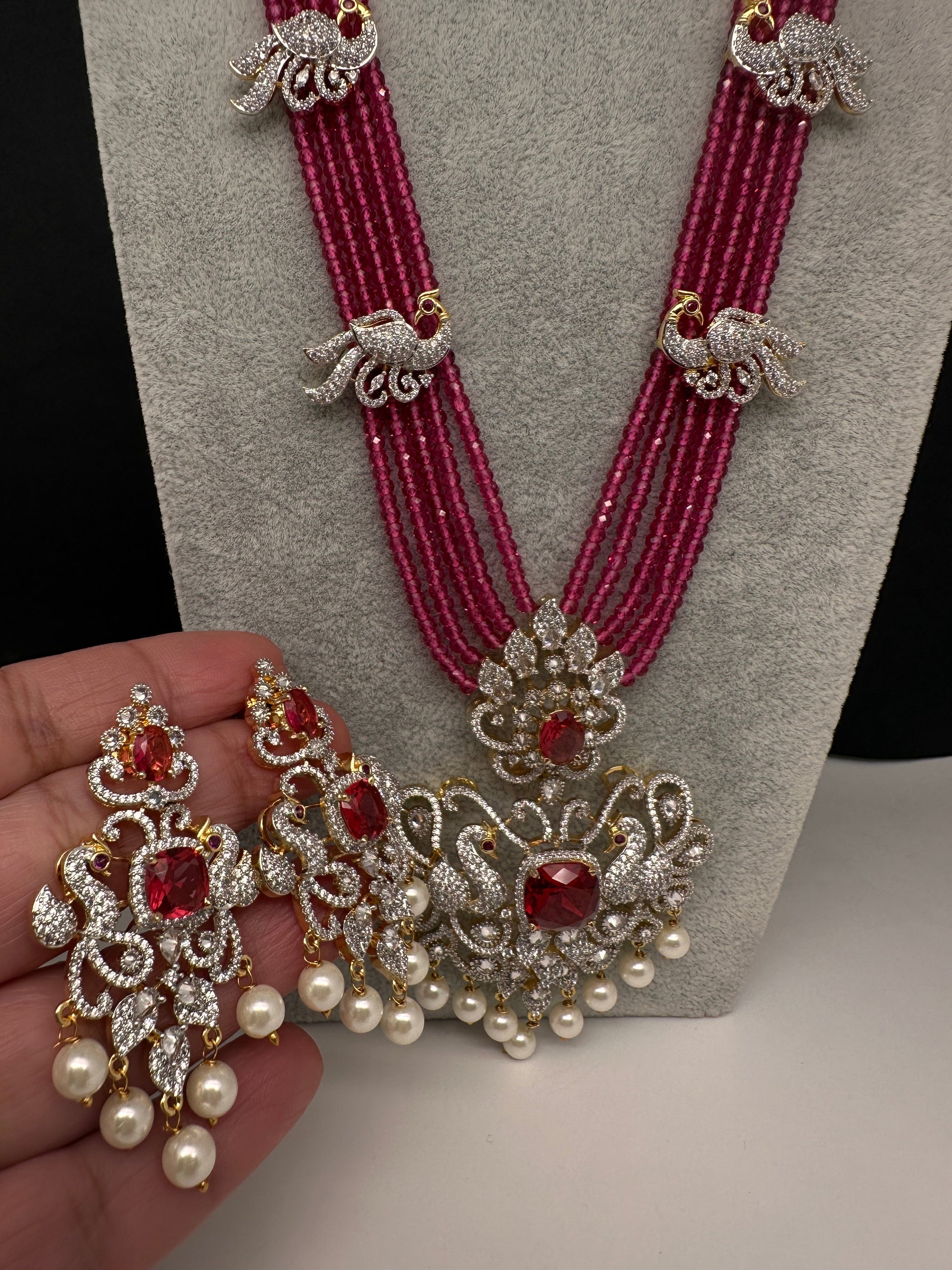 CZ Beads Long Color Stone Peacock Necklace - Pink