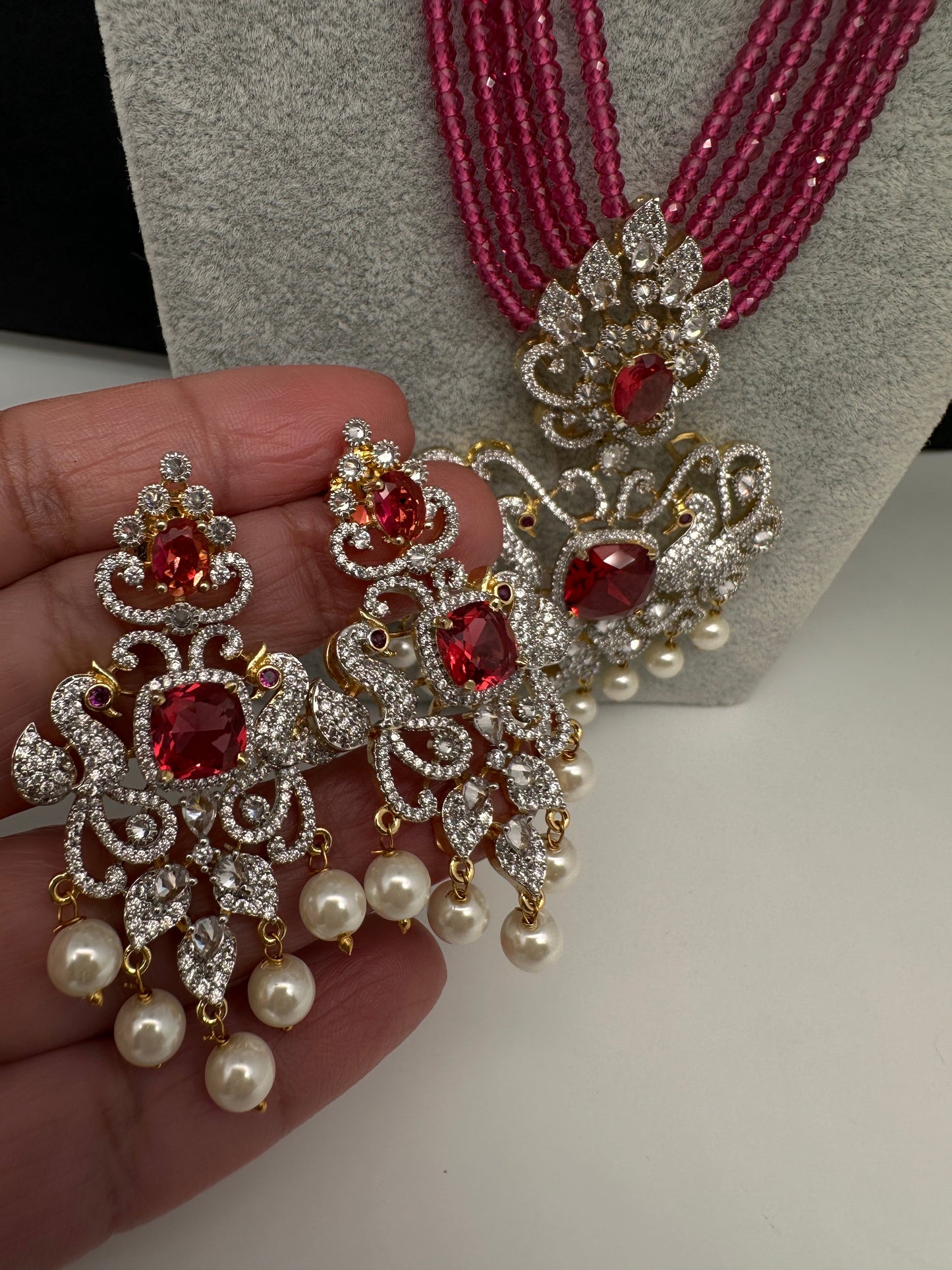 CZ Beads Long Color Stone Peacock Necklace - Pink