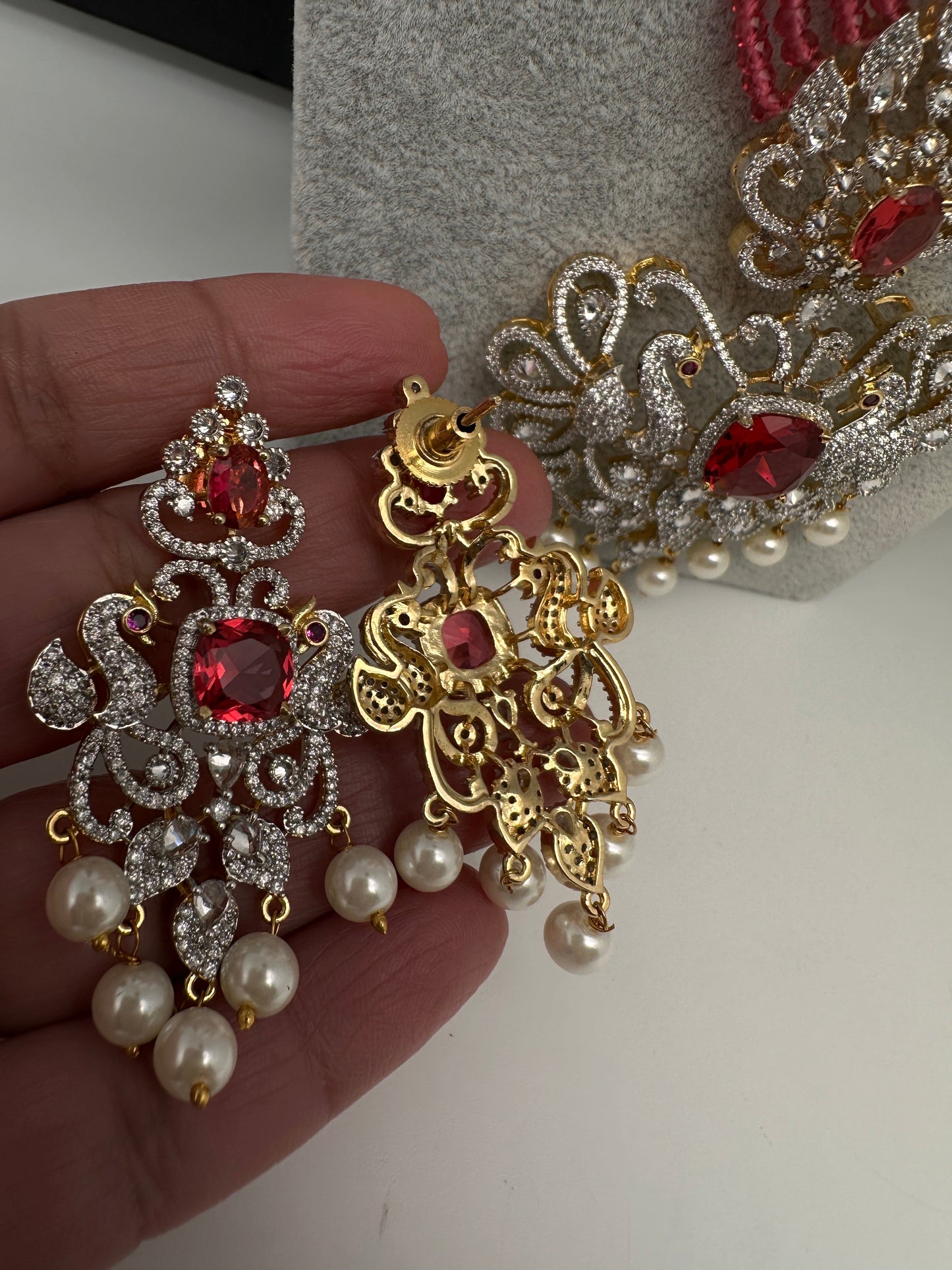 CZ Beads Long Color Stone Peacock Necklace - Pink