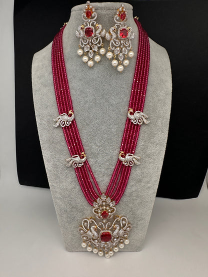 CZ Beads Long Color Stone Peacock Necklace - Pink