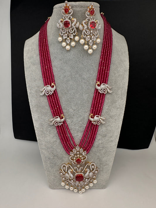 CZ Beads Long Color Stone Peacock Necklace - Pink