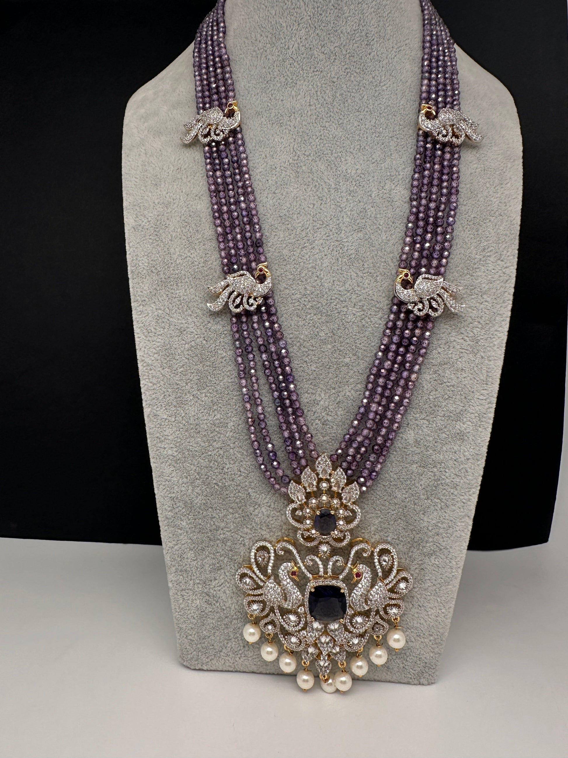 CZ Beads Long Color Stone Peacock Necklace - Purple