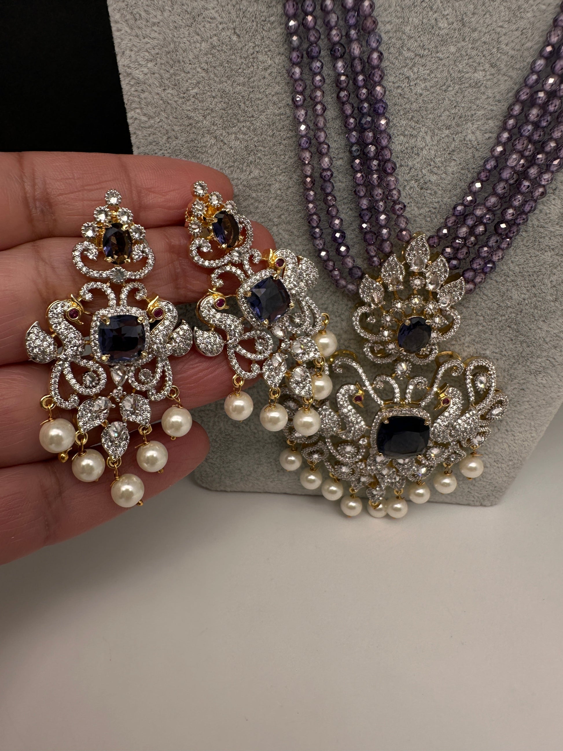 CZ Beads Long Color Stone Peacock Necklace - Purple