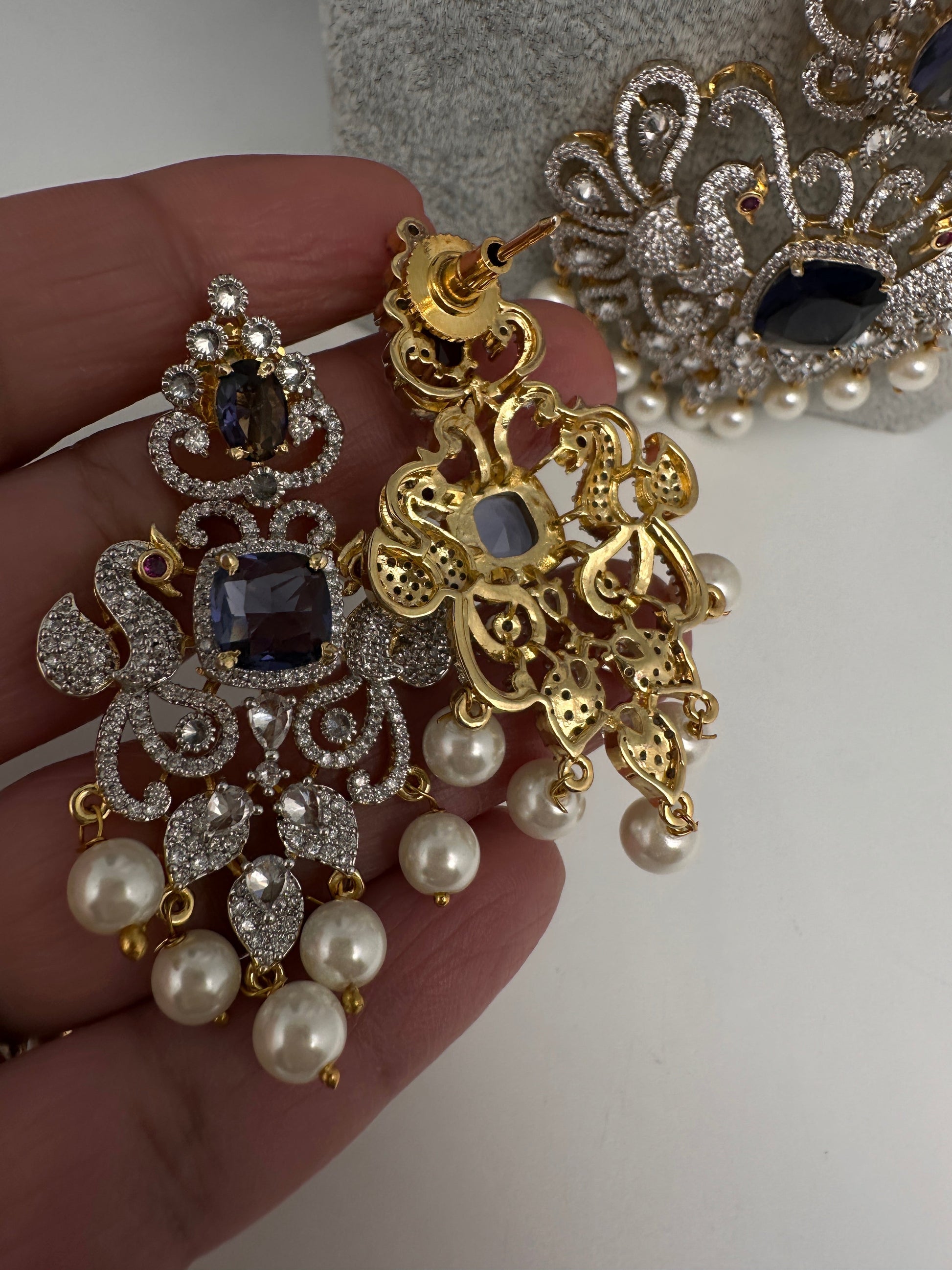 CZ Beads Long Color Stone Peacock Necklace - Purple