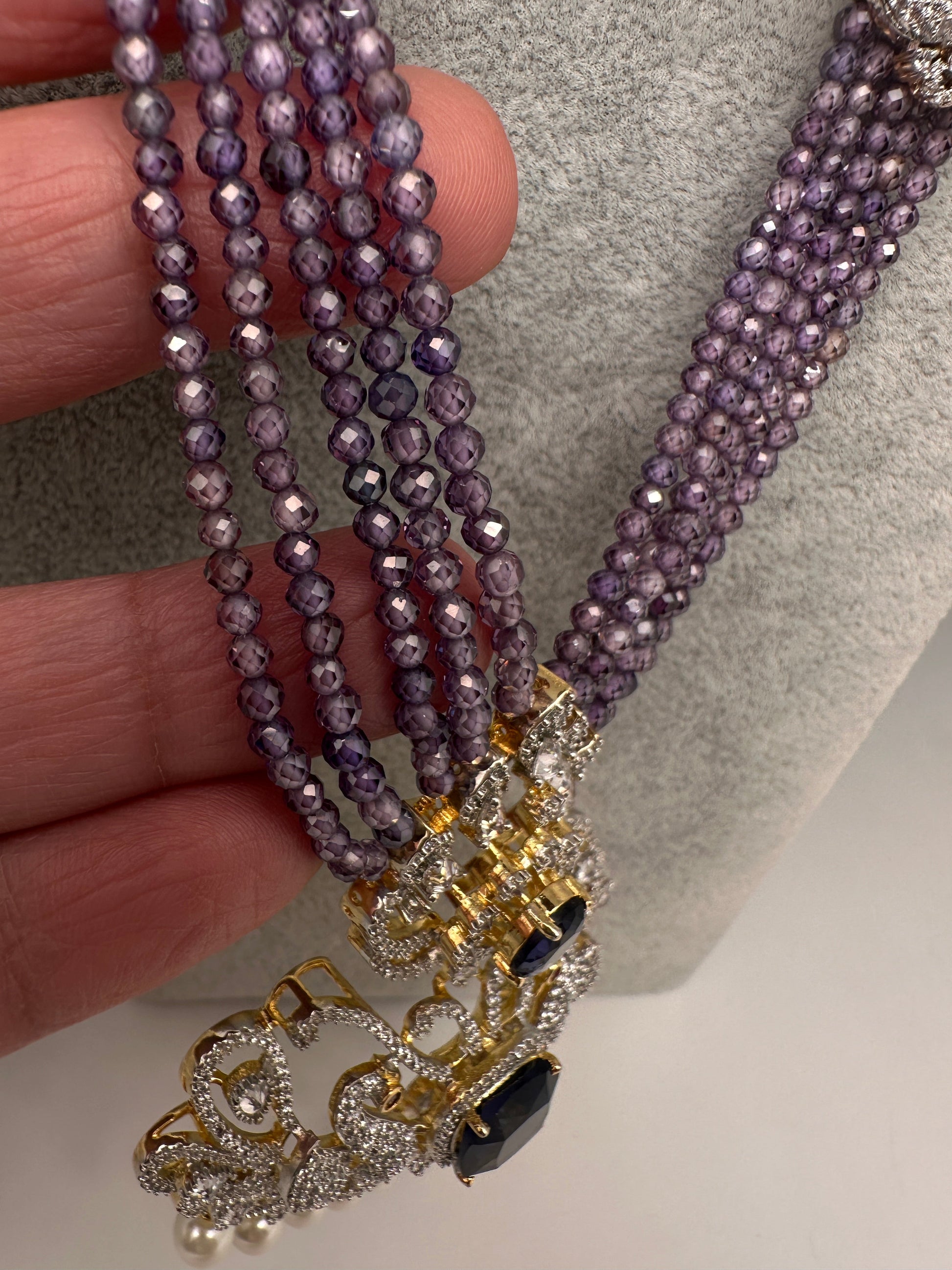 CZ Beads Long Color Stone Peacock Necklace - Purple