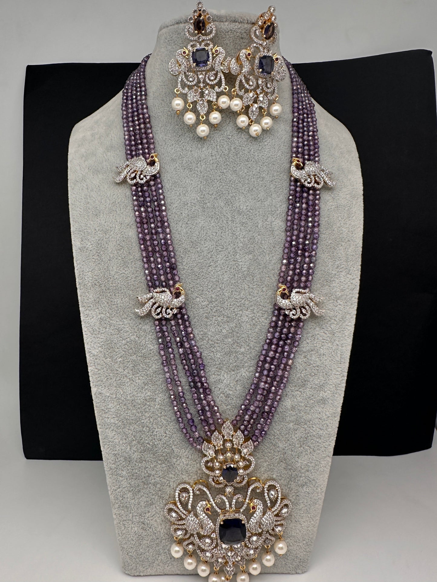 CZ Beads Long Color Stone Peacock Necklace - Purple