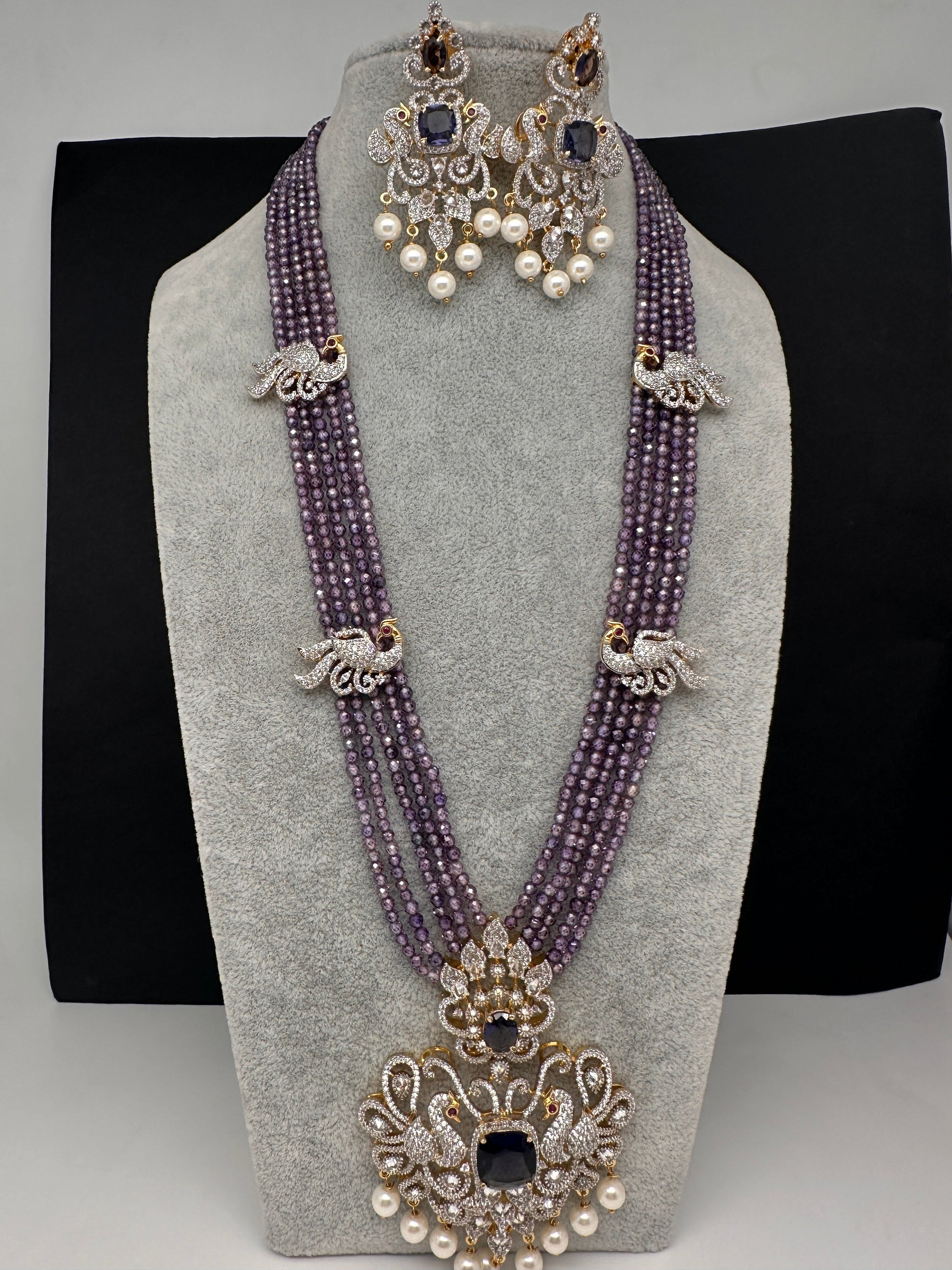 CZ Beads Long Color Stone Peacock Necklace - Purple