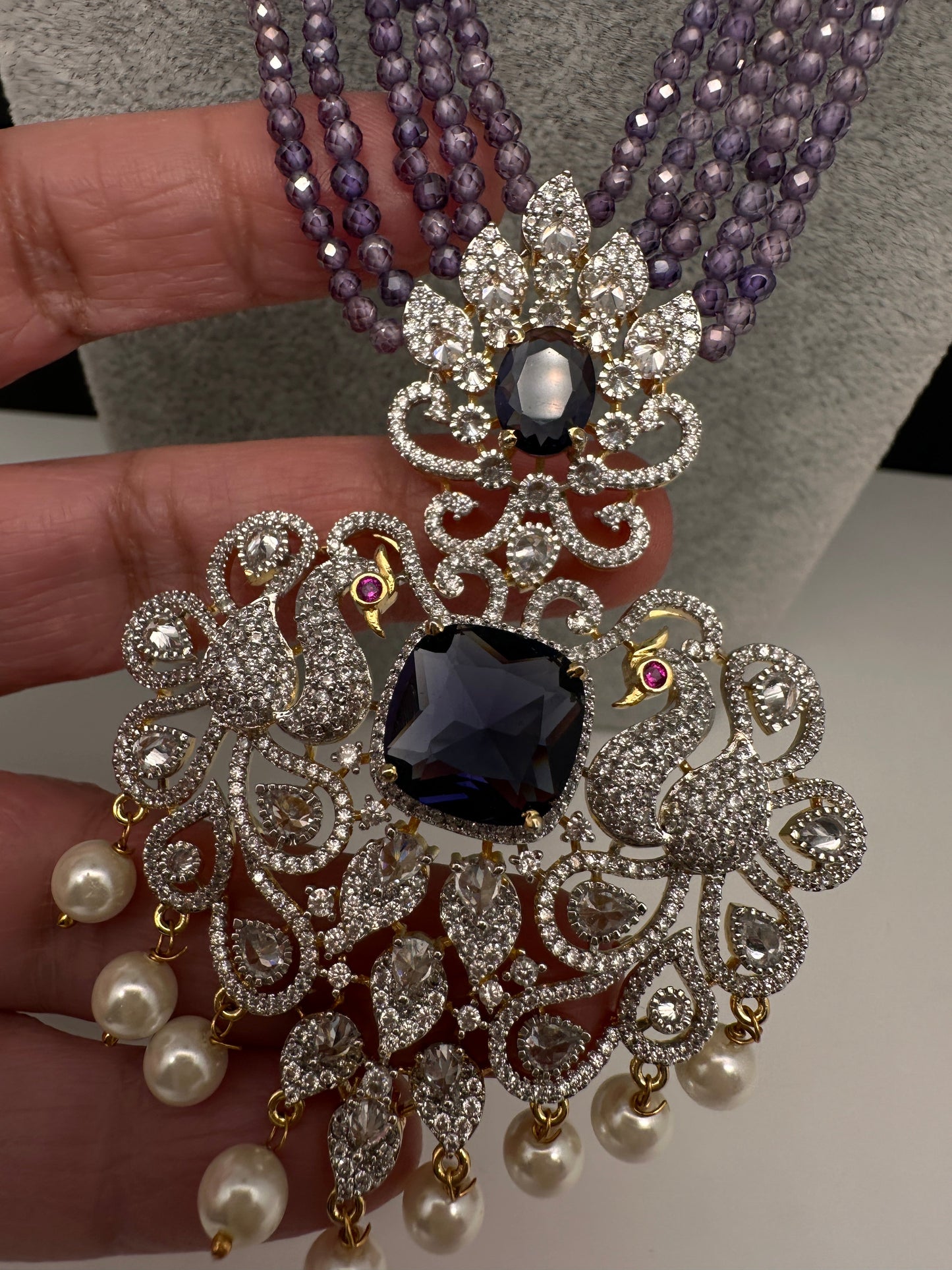 CZ Beads Long Color Stone Peacock Necklace - Purple