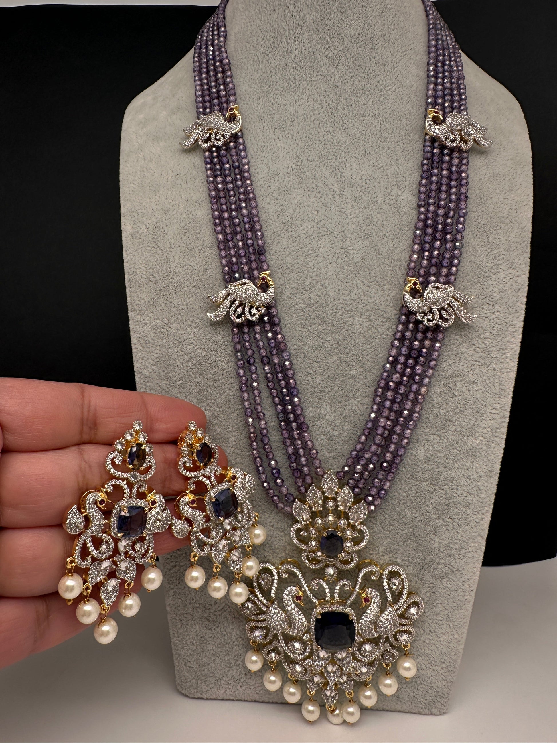 CZ Beads Long Color Stone Peacock Necklace - Purple