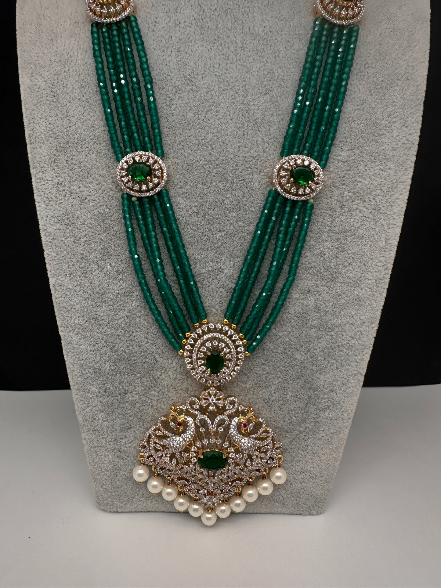 CZ Beads Long Color Stone Peacock Necklace - Green