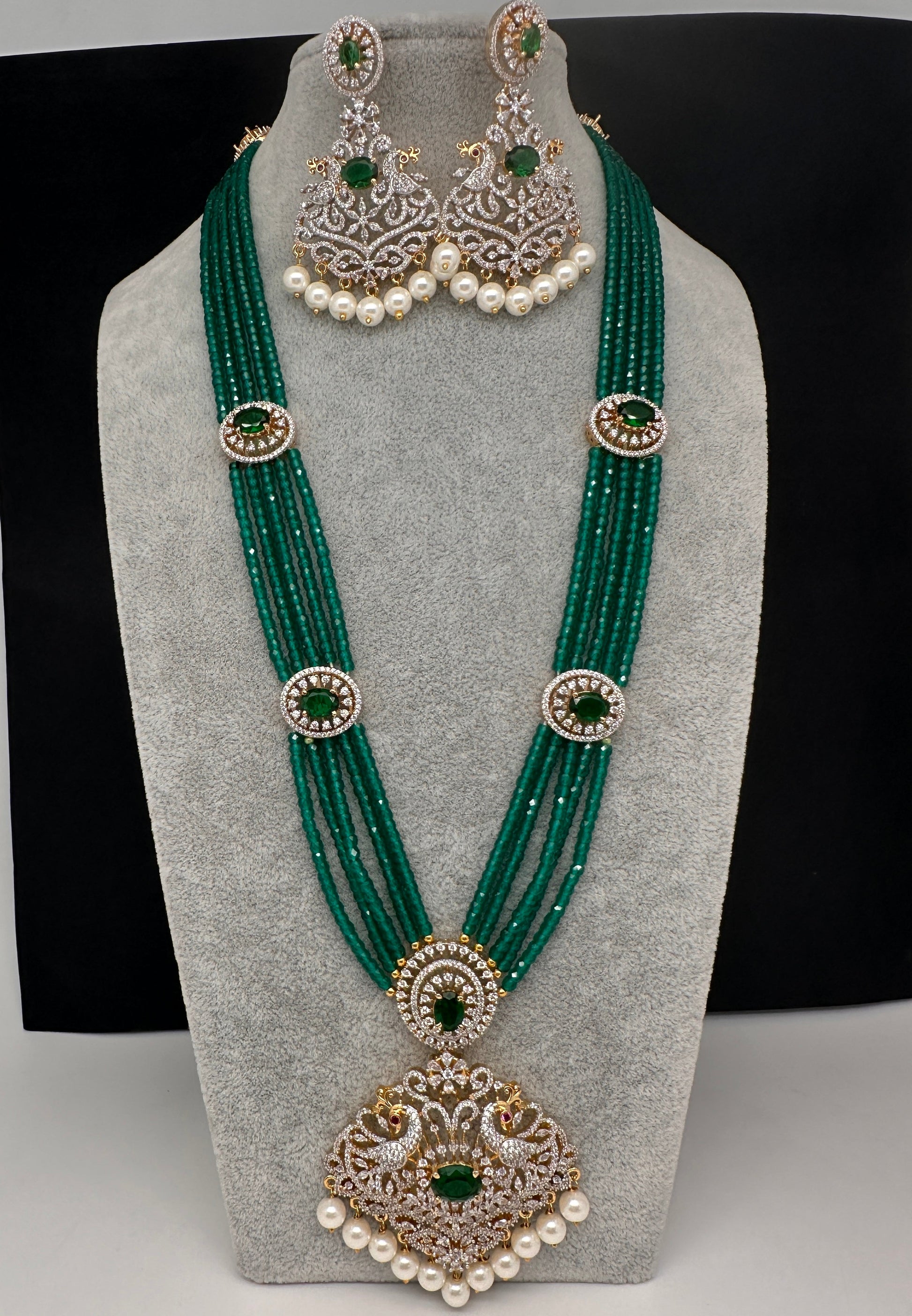 CZ Beads Long Color Stone Peacock Necklace - Green