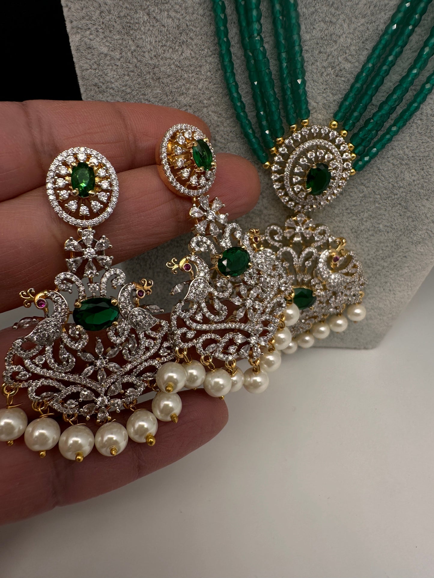 CZ Beads Long Color Stone Peacock Necklace - Green