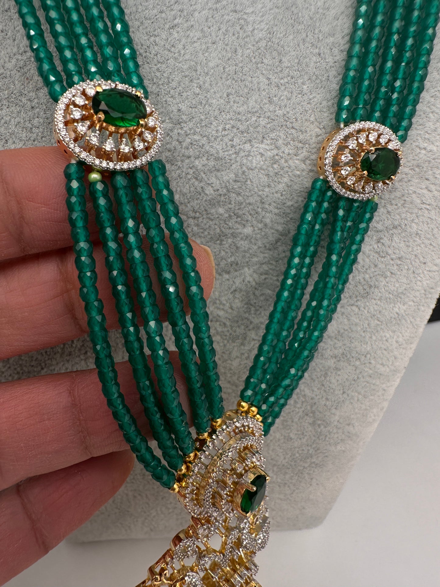 CZ Beads Long Color Stone Peacock Necklace - Green