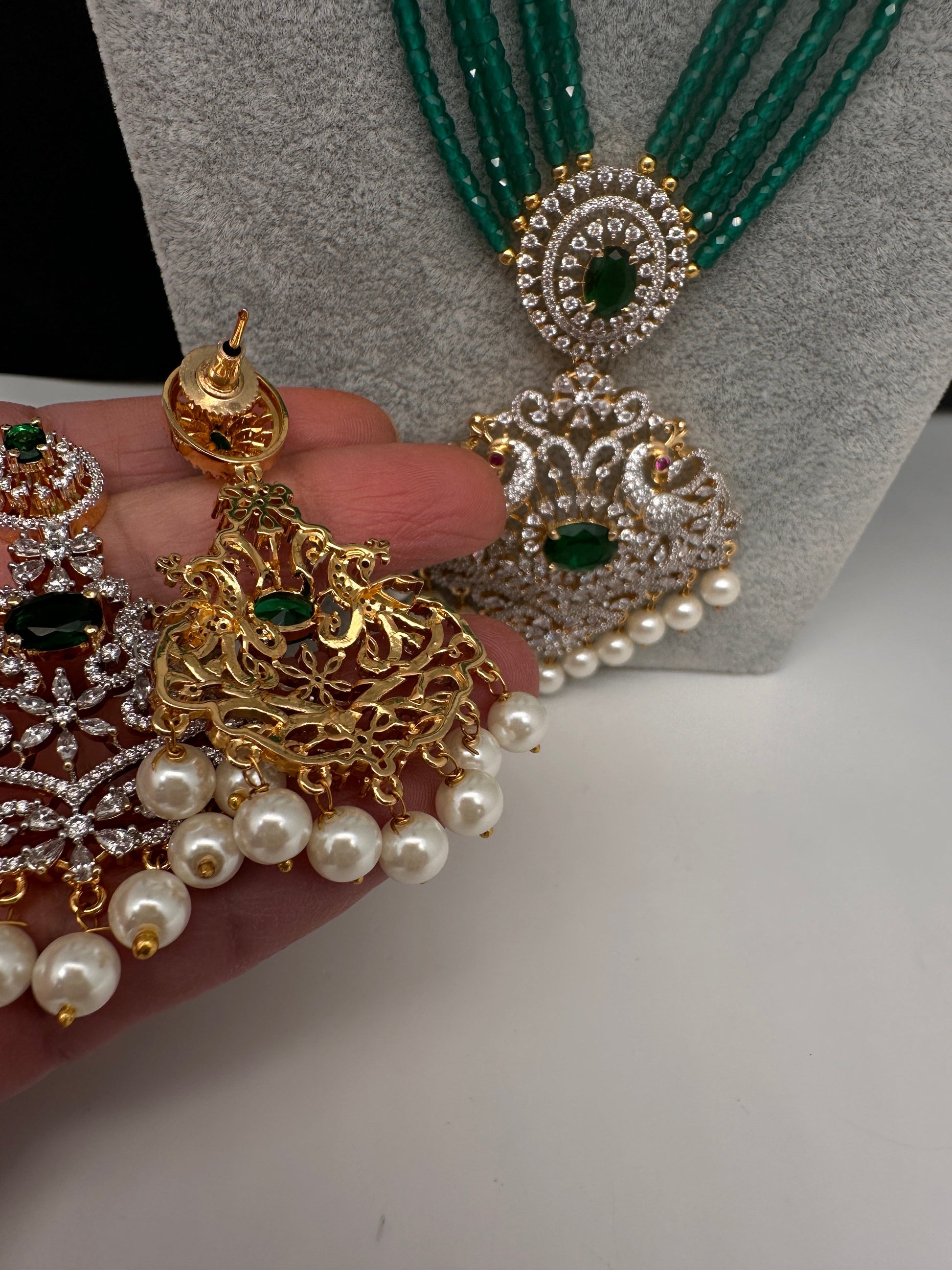 CZ Beads Long Color Stone Peacock Necklace - Green